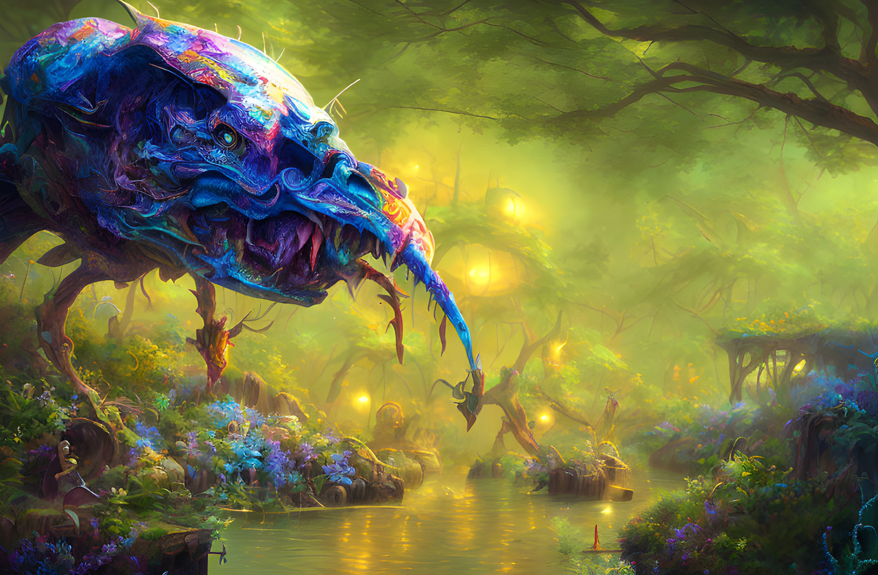 Vibrant alien creature in mystical luminous landscape