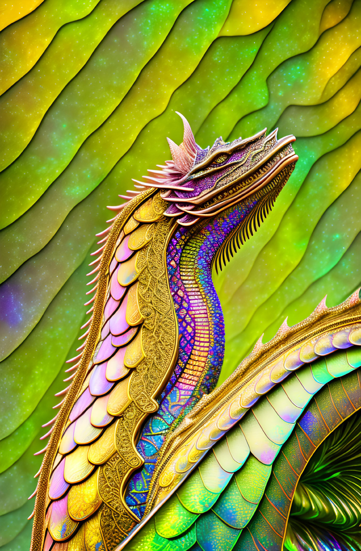 Vibrant Dragon Artwork with Feathered Wings and Textured Background