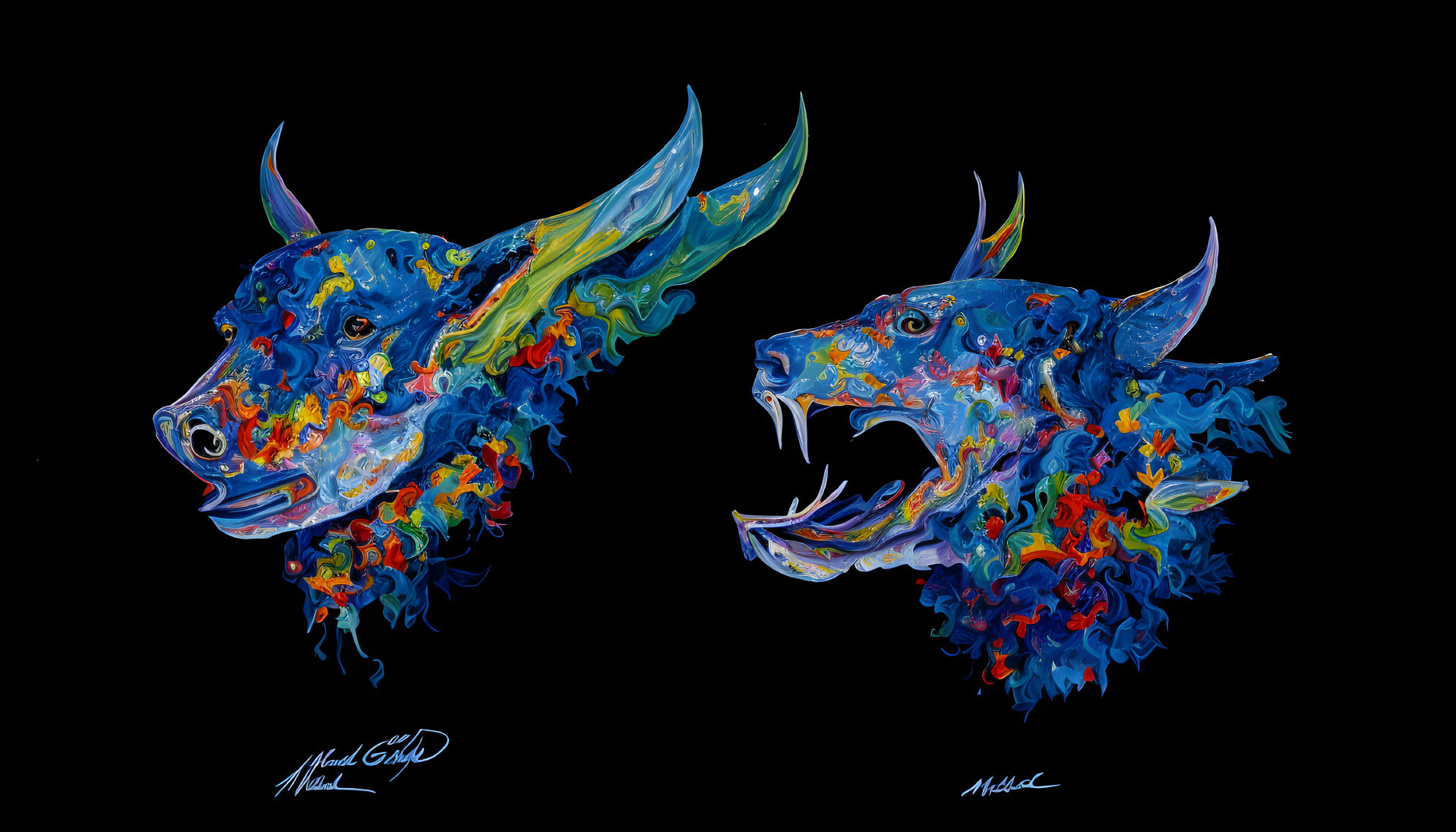 Vibrant, colorful boar heads in abstract art style on black background