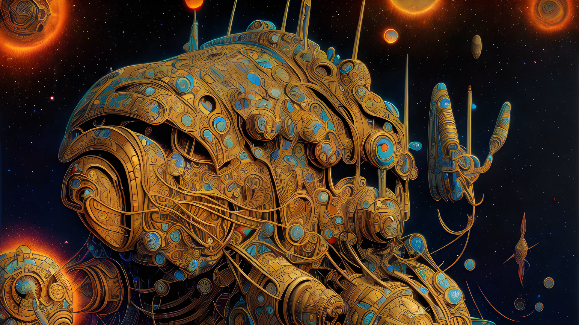 Detailed Mechanical Head Illustration with Cosmic Elements