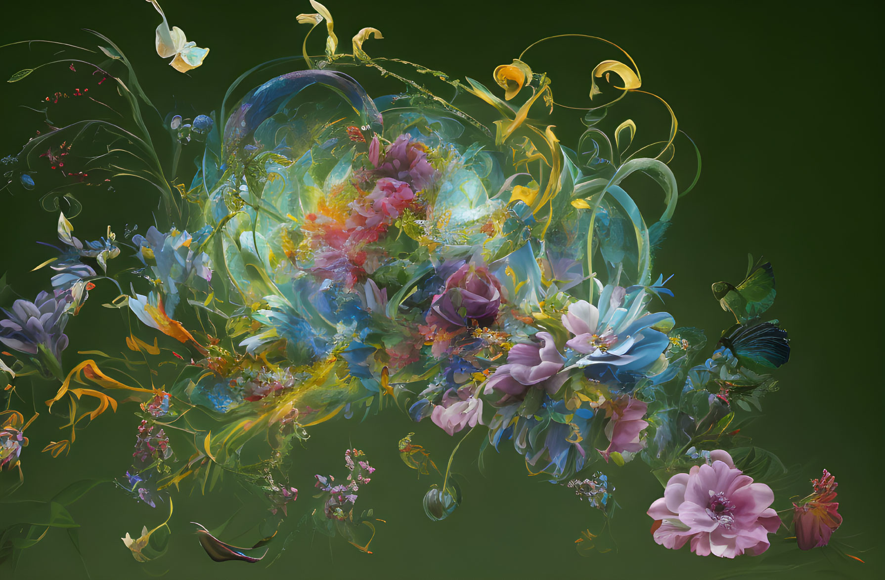 Colorful Floral Digital Art with Translucent Bubbles on Dark Background