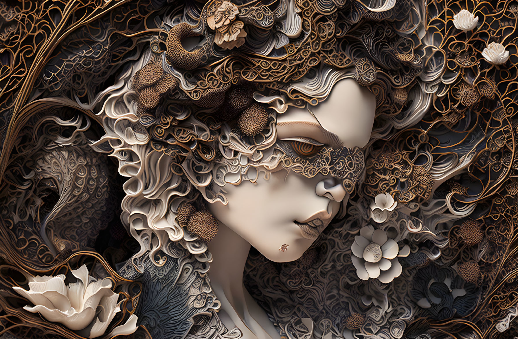 Detailed monochromatic artwork: person with ornate mask and floral-patterned hair.