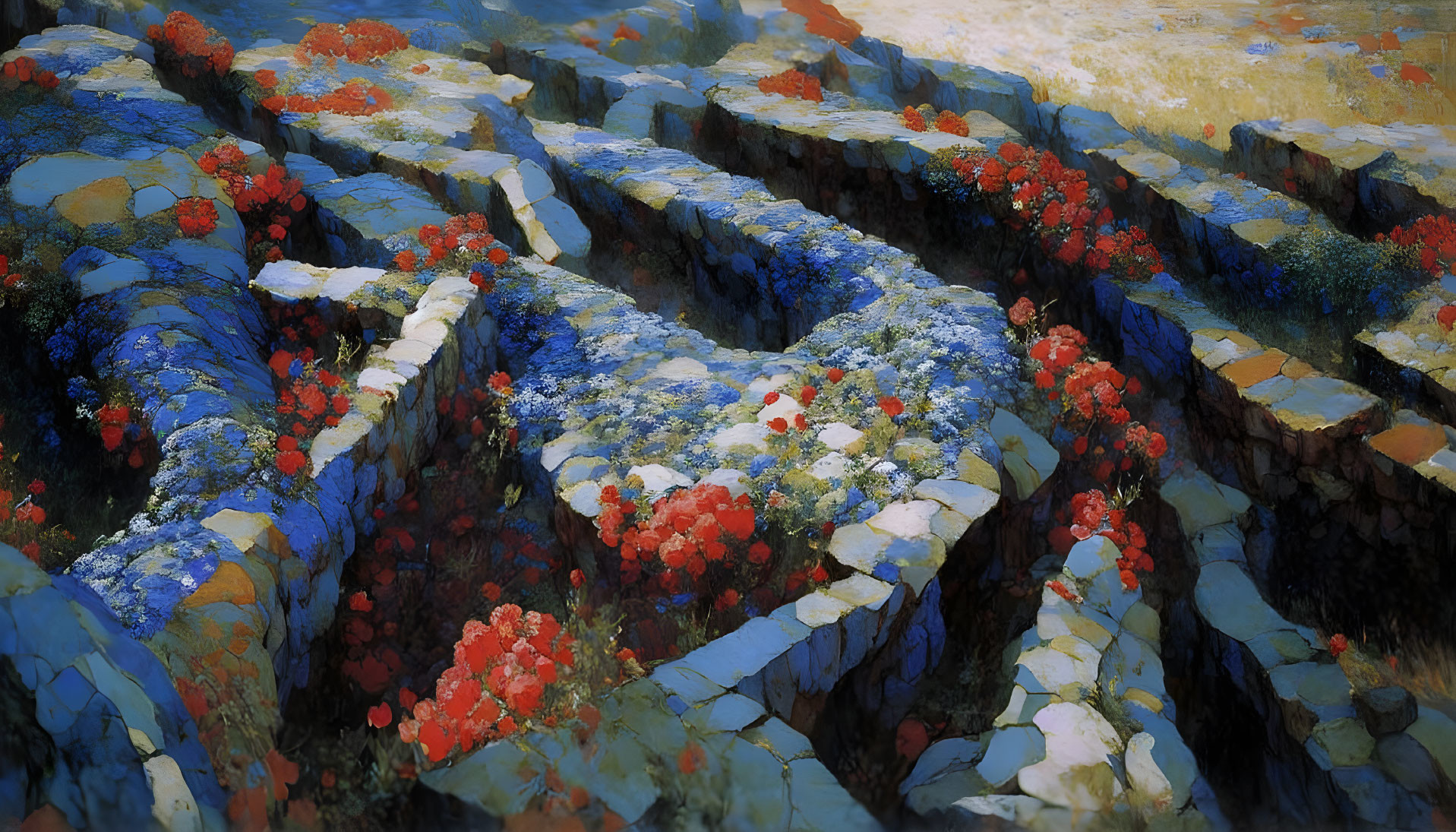 Fractured surreal landscape with blue ledges and vibrant flowers