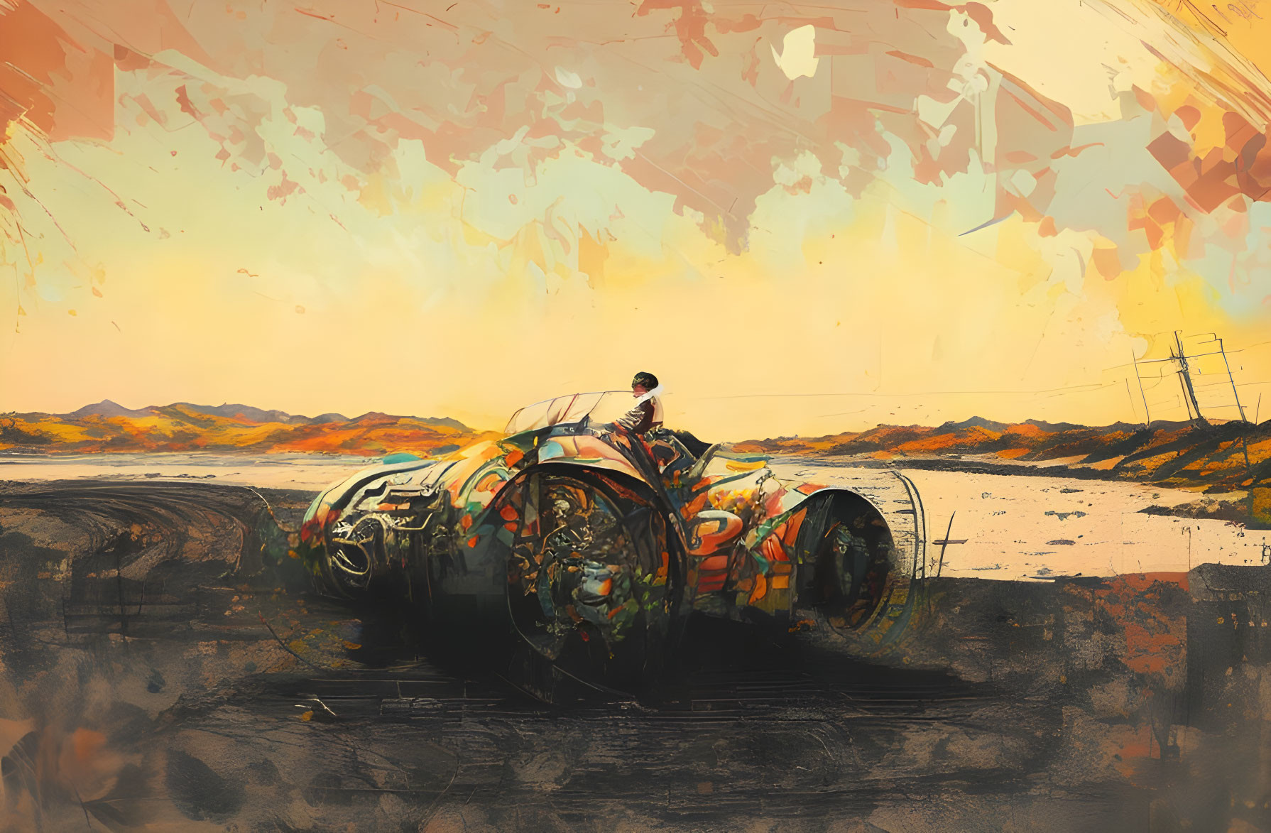 Vivid stylized artwork of person driving classic car on desert road