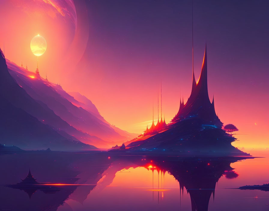 Alien landscape with spire-like structures, reflective water, and pink sky