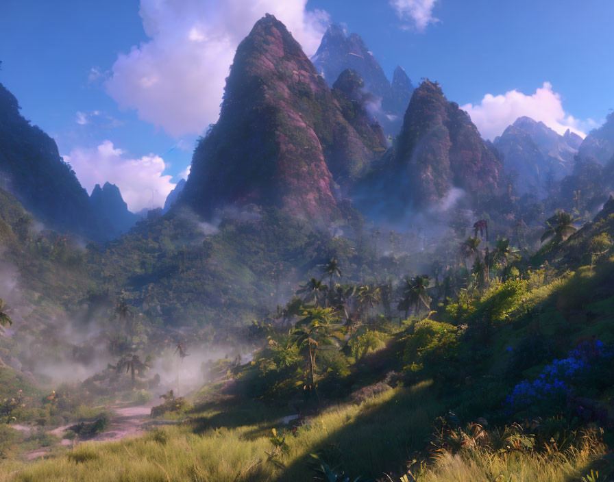 Misty mountains and lush green valley with tropical vegetation