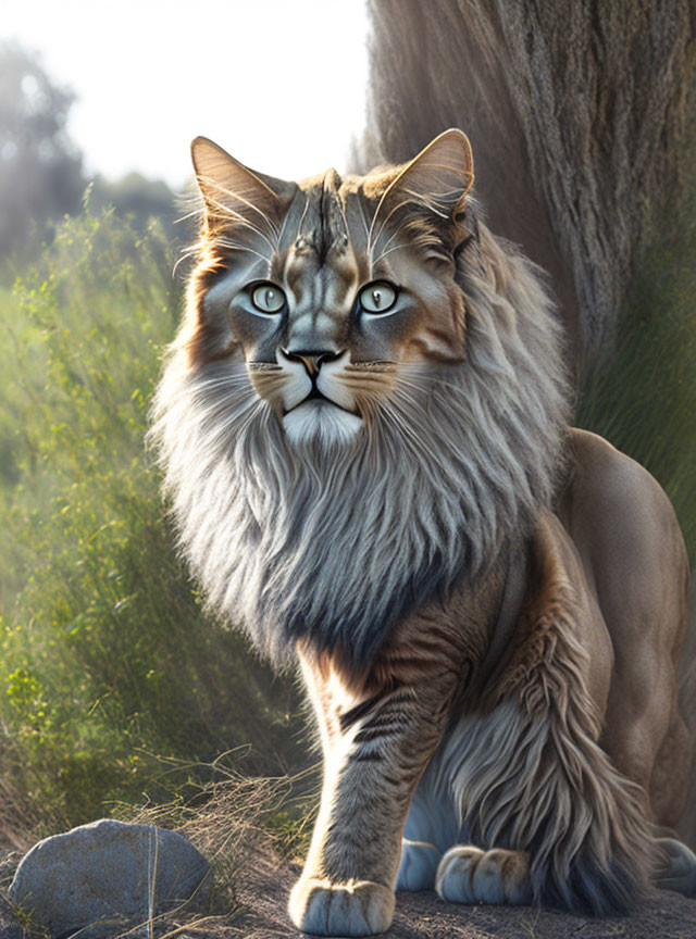 Digital artwork of majestic lion with human-like eyes and face standing near rock and underbrush