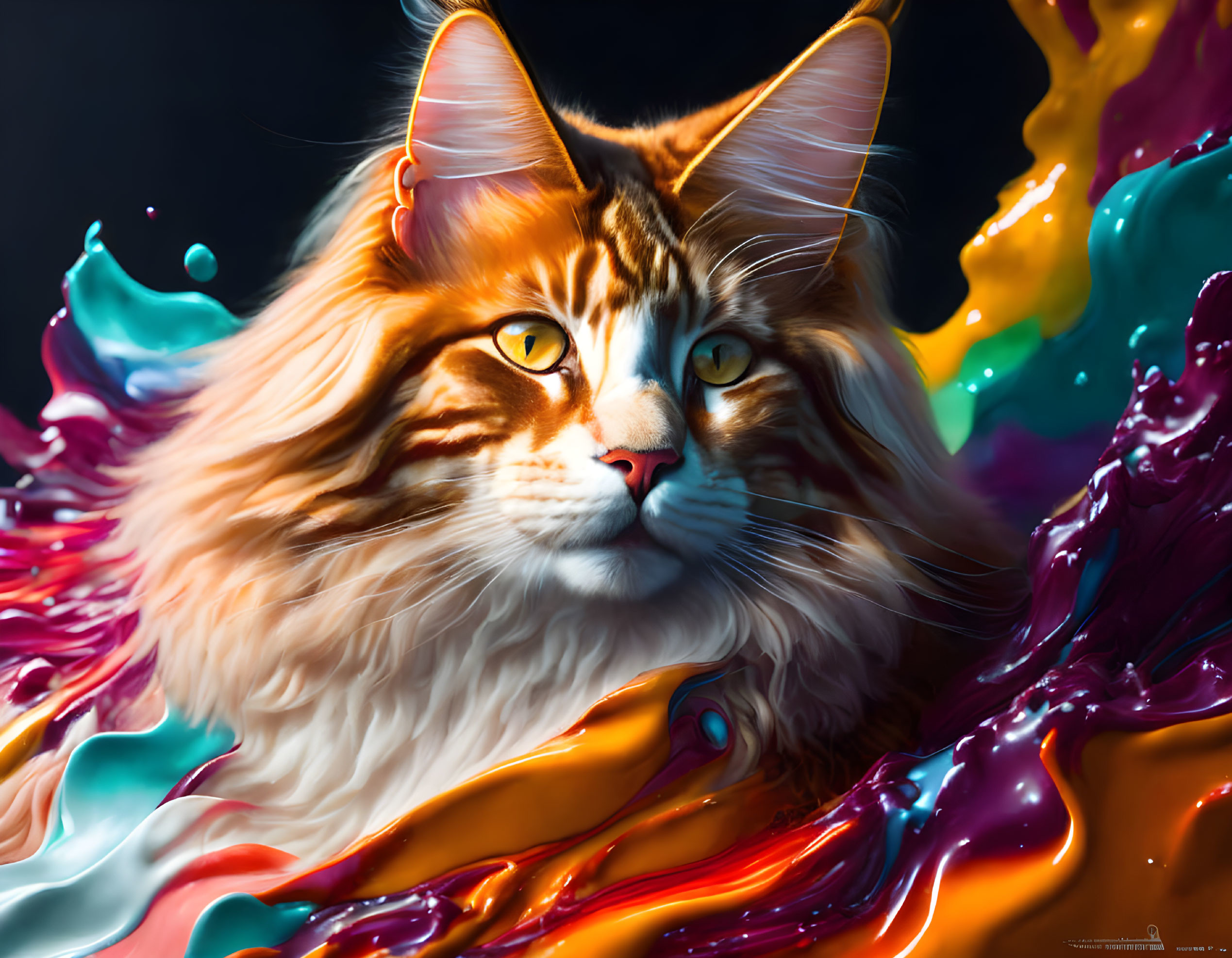 Majestic long-haired orange cat in swirling liquid