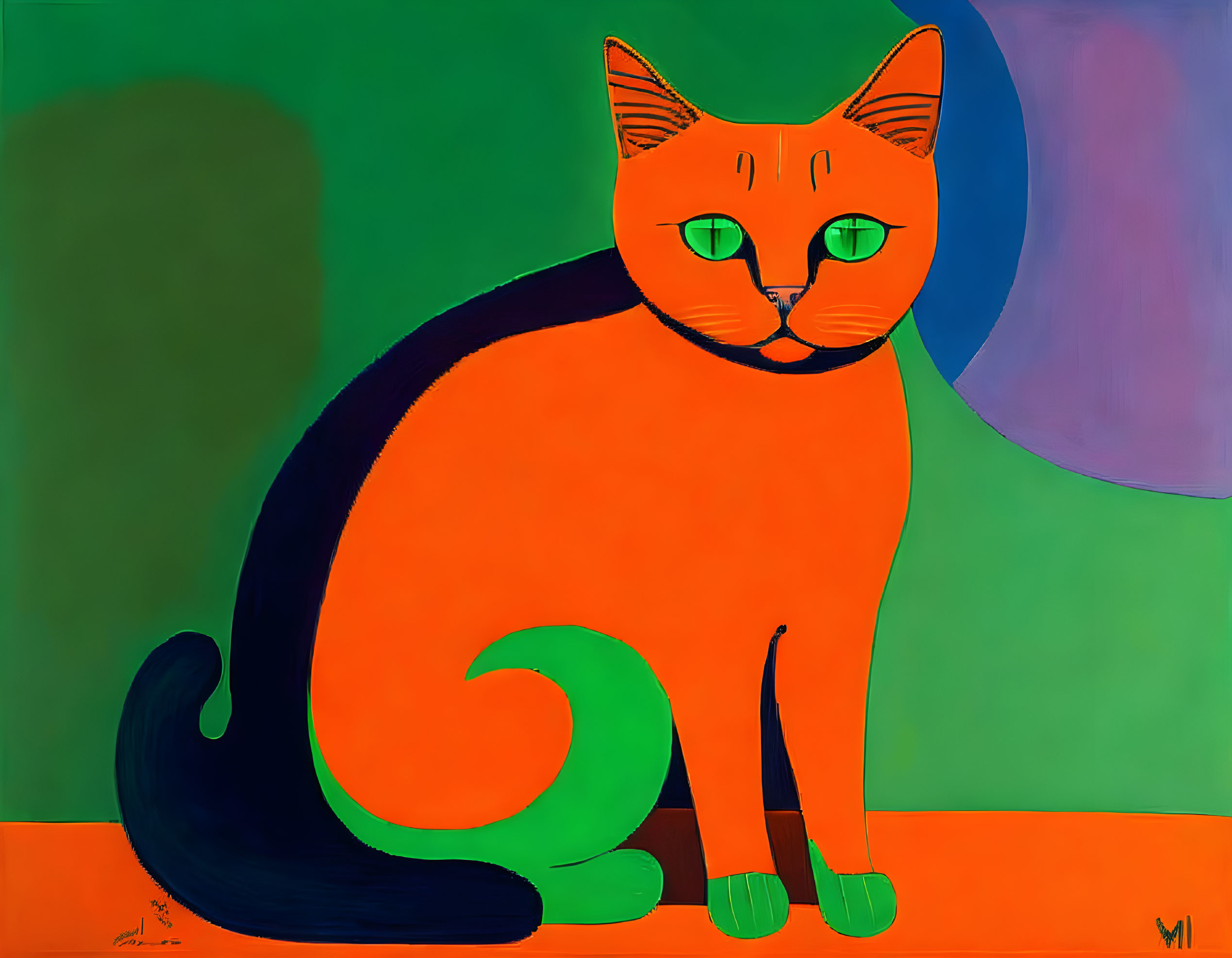 Colorful Stylized Orange Cat Painting with Green Eyes