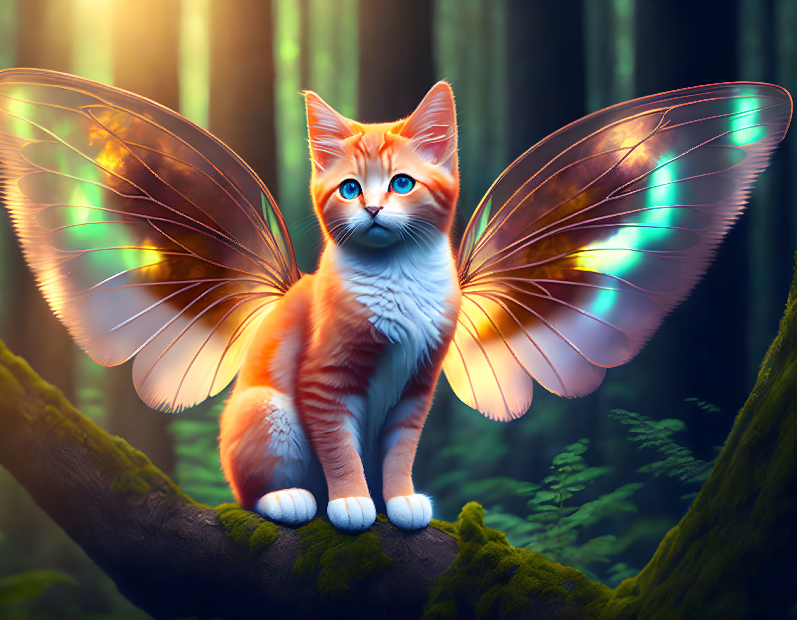 Orange Tabby Cat with Butterfly Wings on Forest Log in Ethereal Light