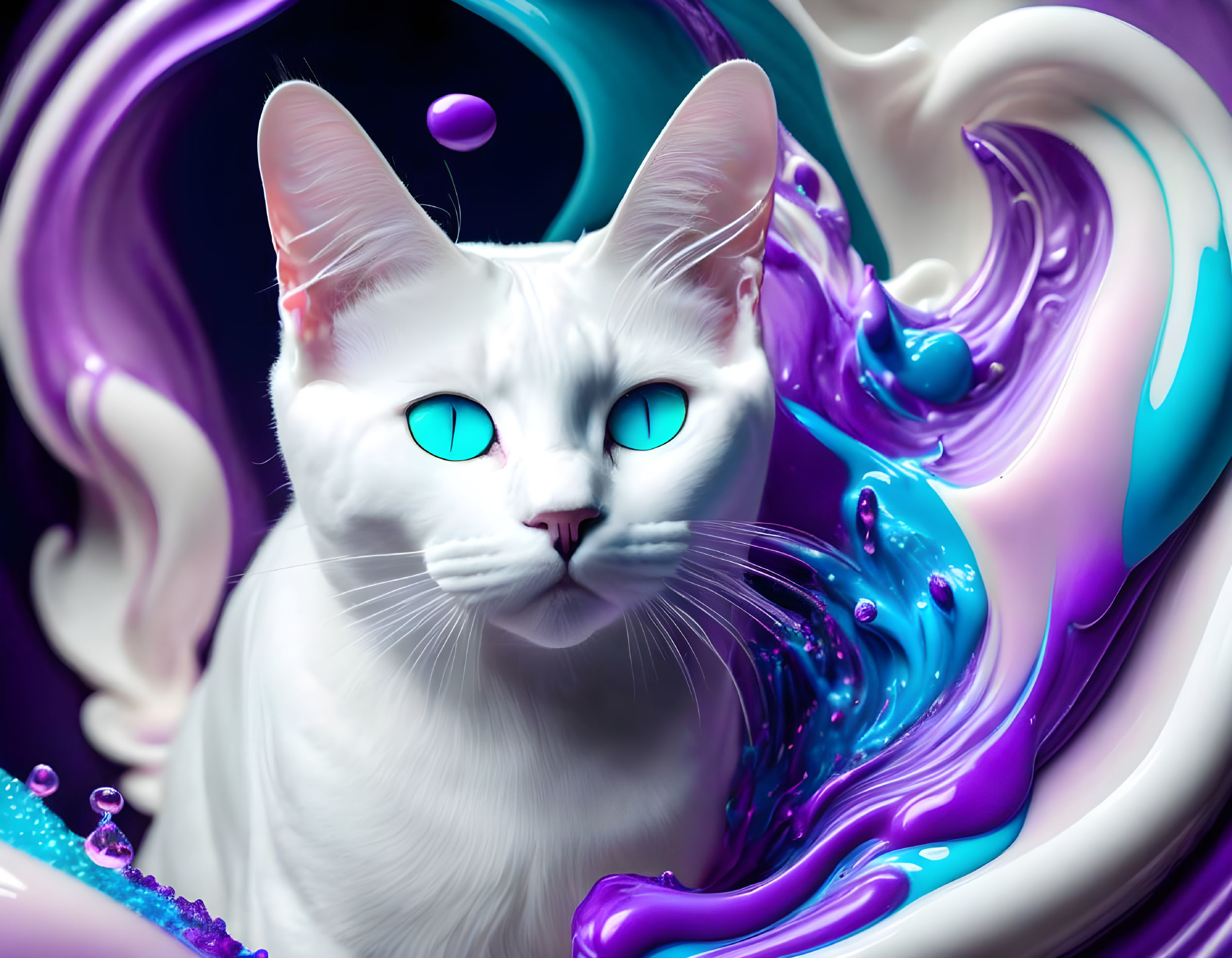 White Cat with Vibrant Blue Eyes on Purple and Cyan Swirl Background