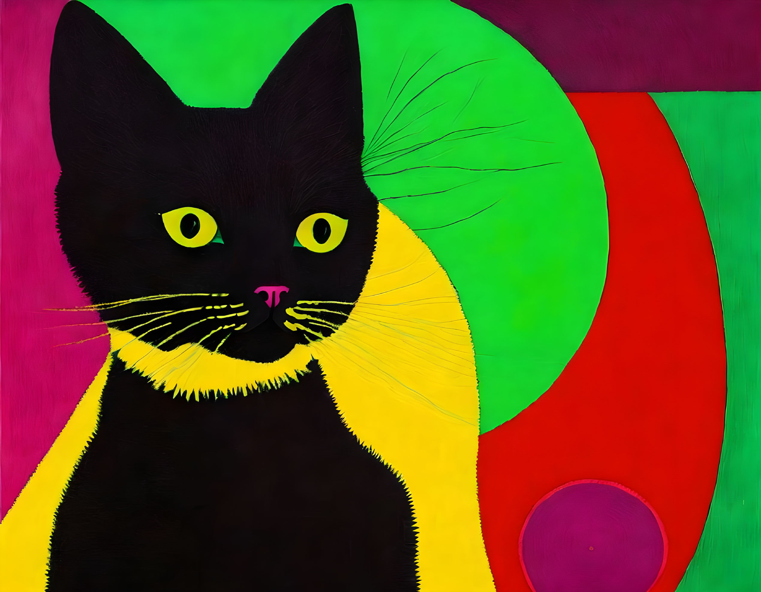 Colorful Abstract Art: Black Cat with Yellow Eyes and Whiskers