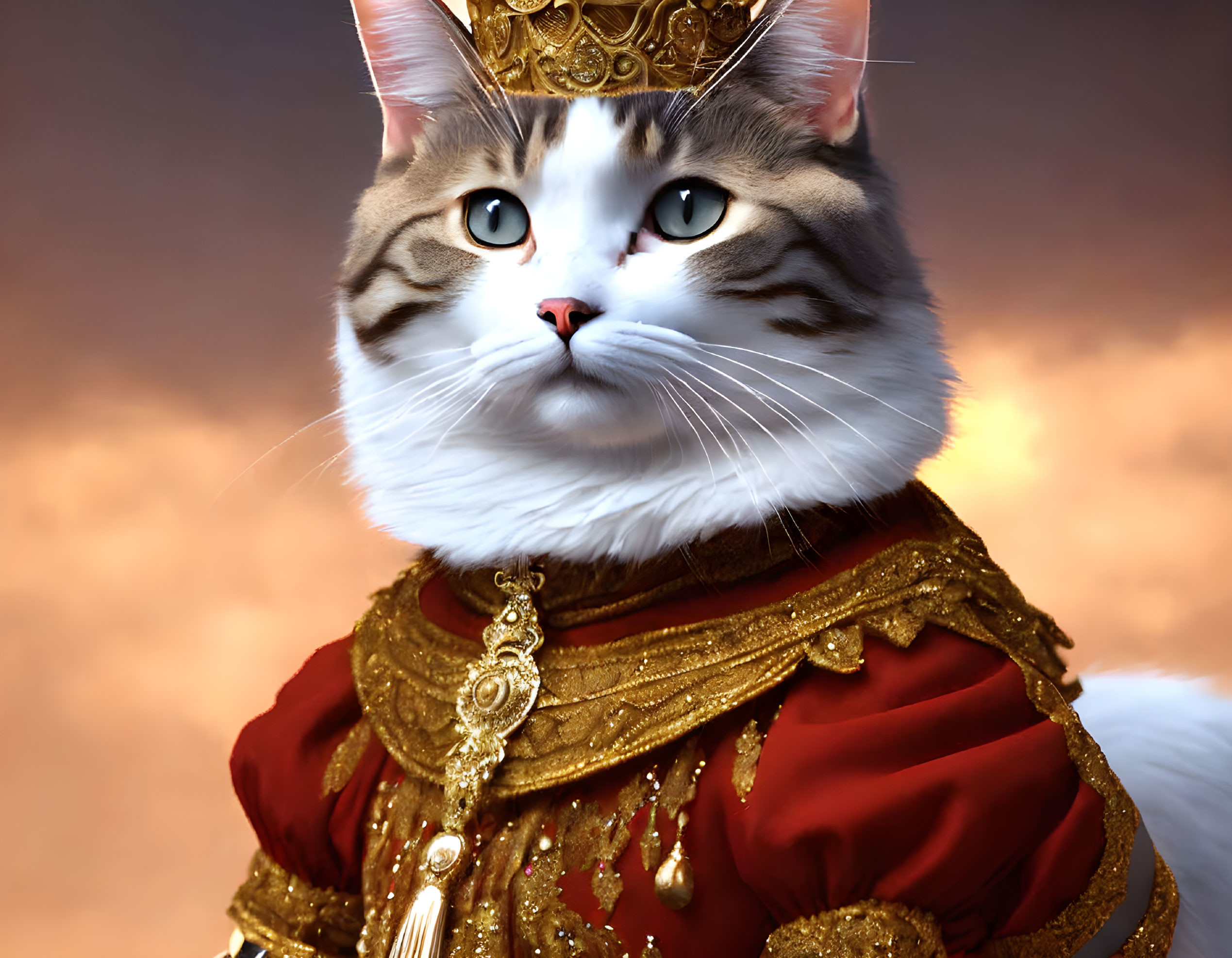 Blue-eyed cat in golden crown and regal attire with intricate embroidery.