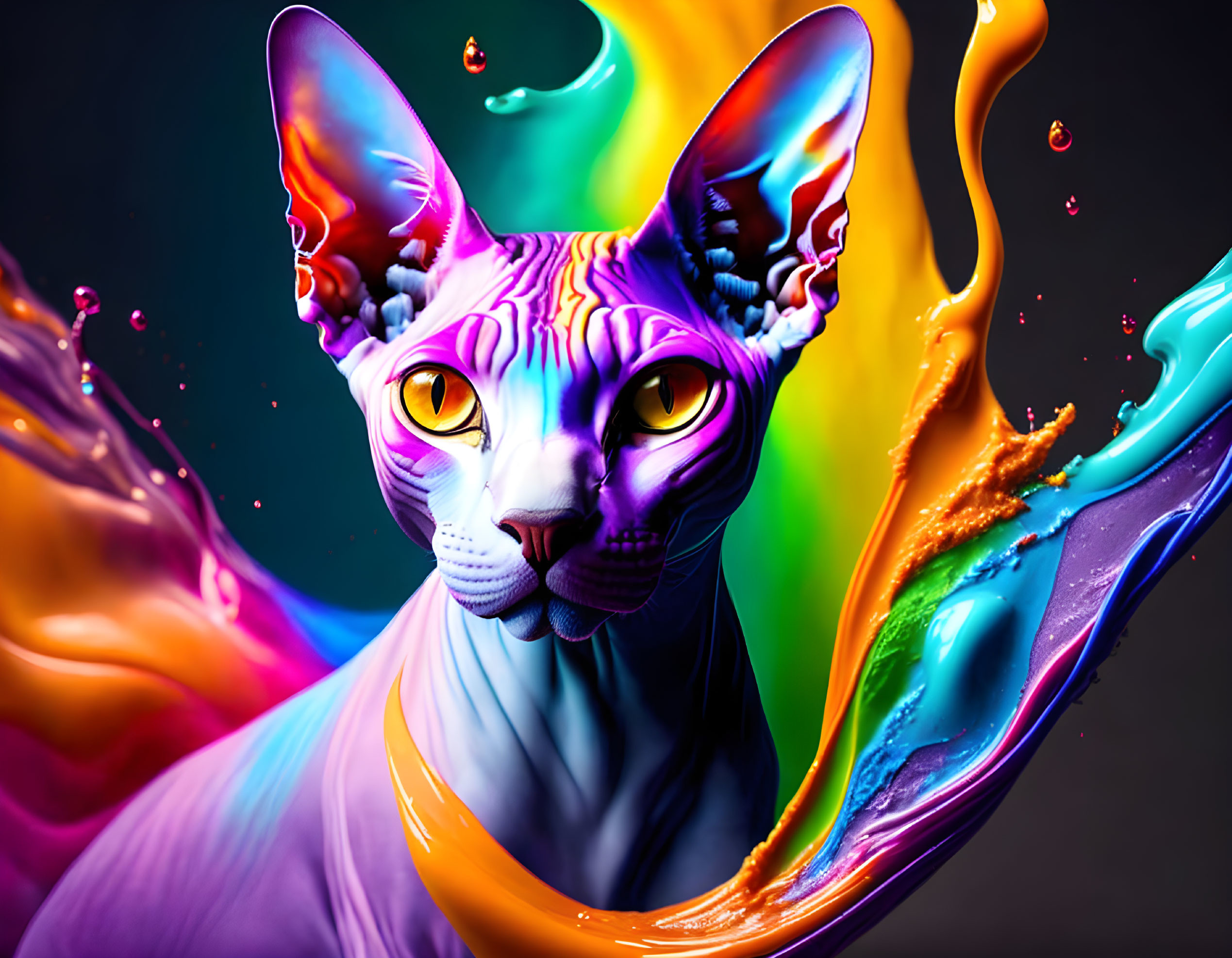 Colorful Stylized Sphynx Cat with Liquid Swirls Background