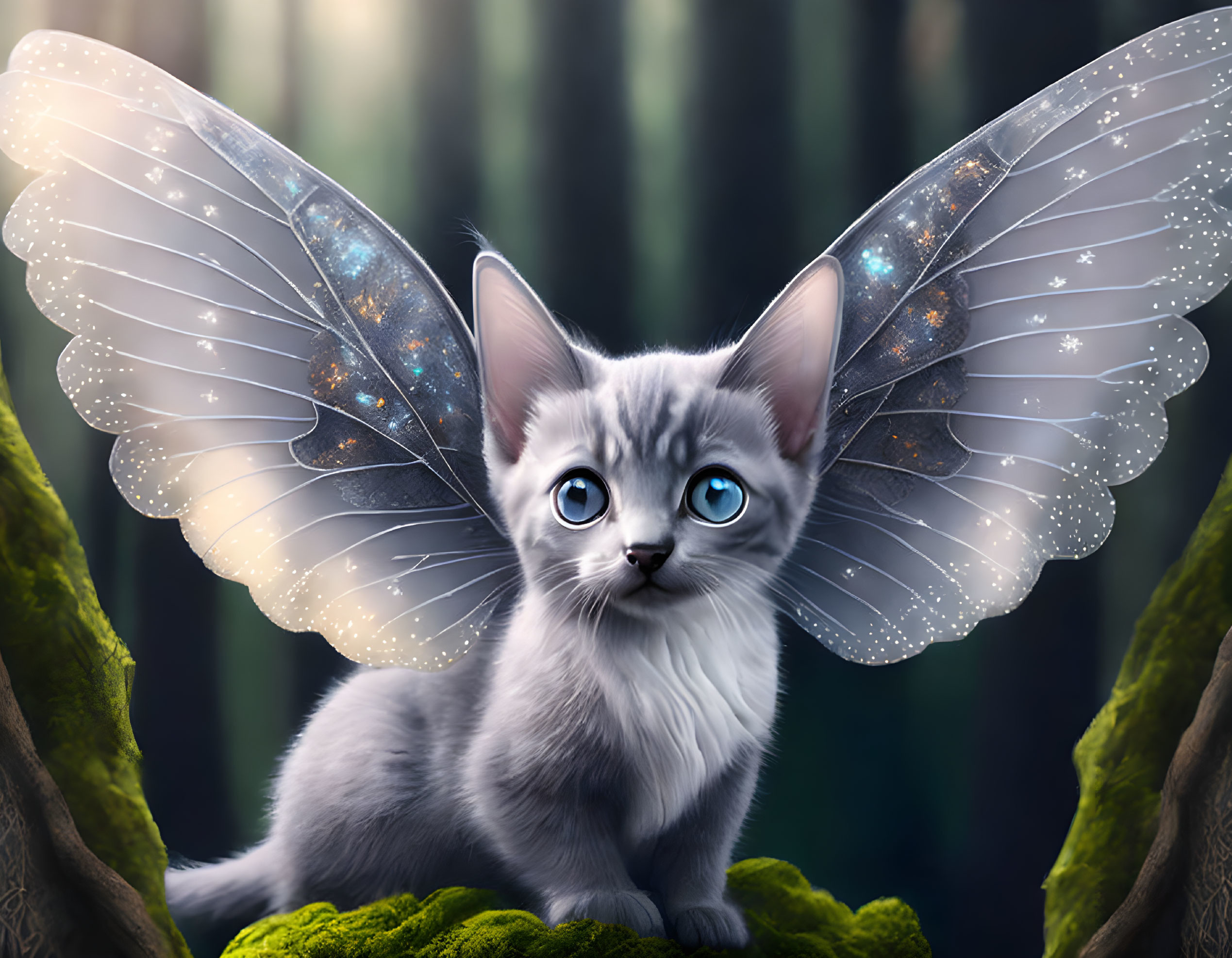 Grey Kitten with Transparent Butterfly Wings in Forest Scene