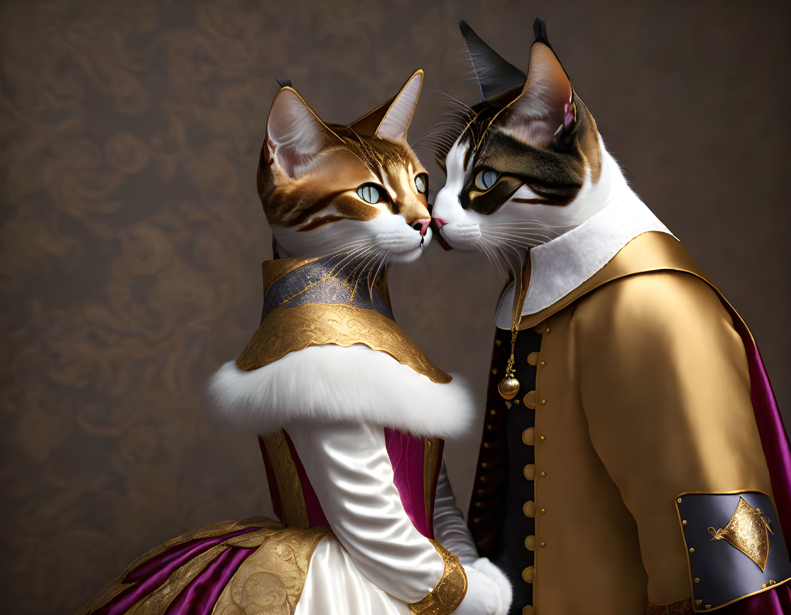 Anthropomorphic cats in royal attire touching noses on decorative background