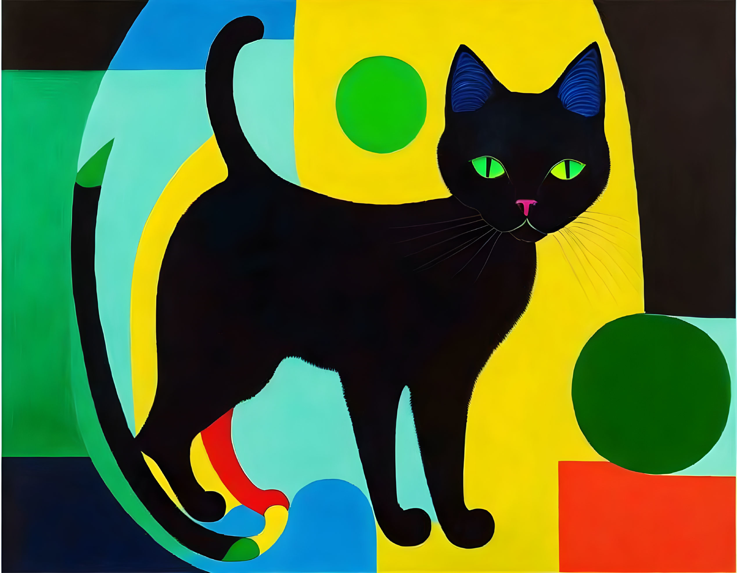 Vibrant abstract painting: Stylized black cat with green eyes amid colorful geometric shapes.