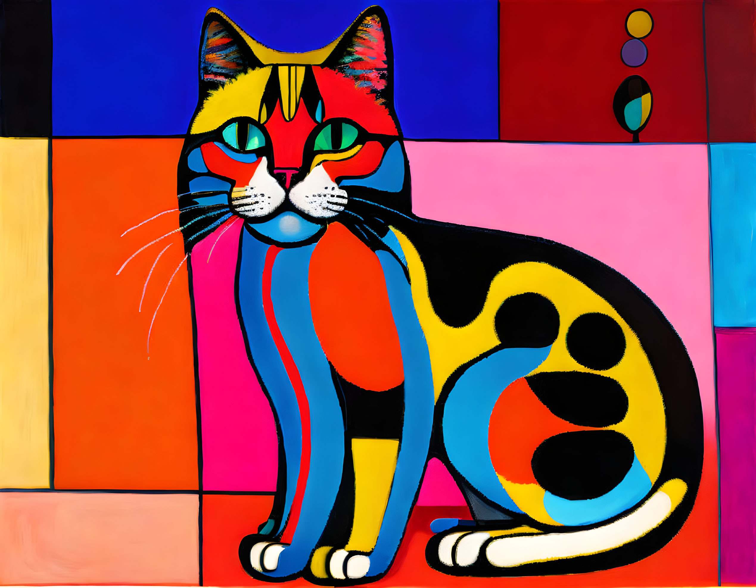 Vibrant cat painting with bold colors and geometric background