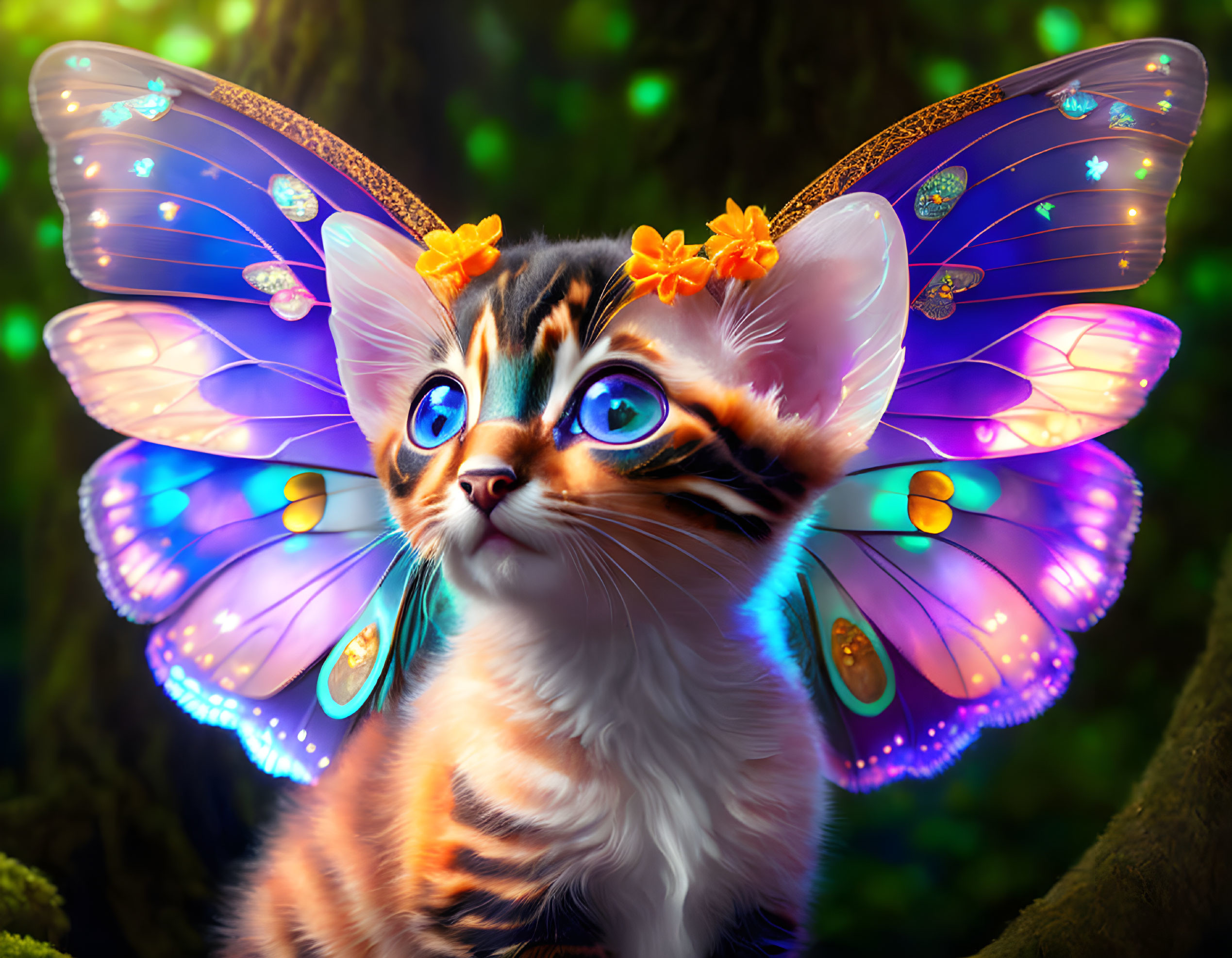 Colorful Butterfly Winged Kitten in Enchanted Forest