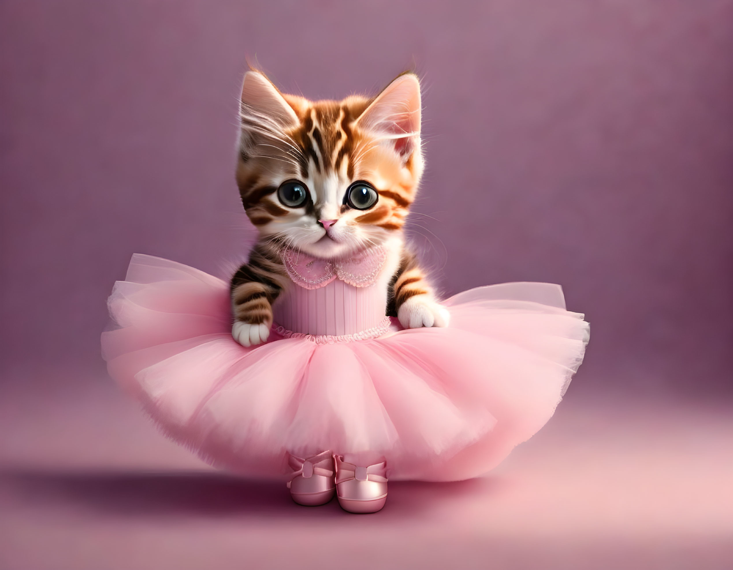 Cute kitten in pink tutu and ballet shoes on purple background