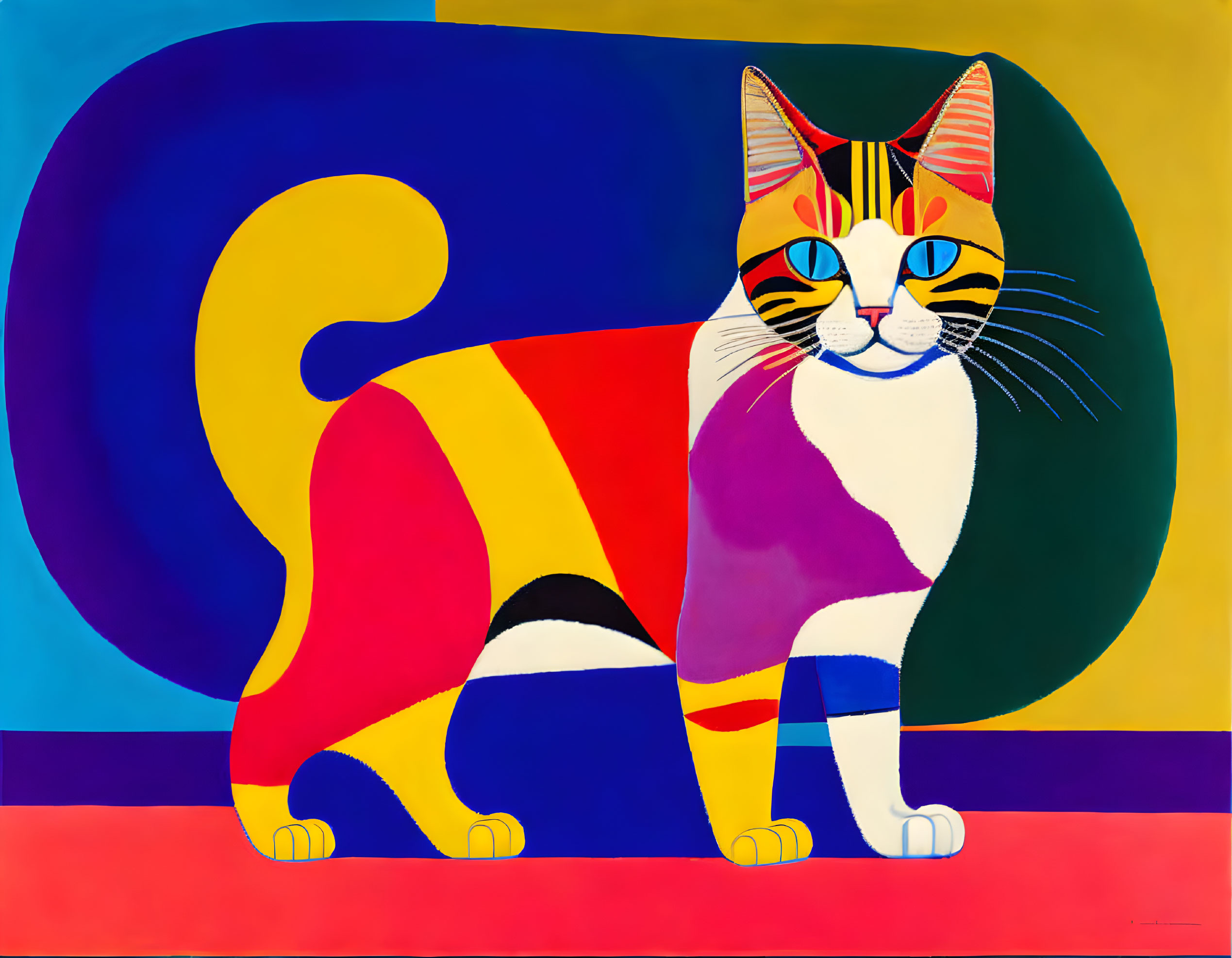 Colorful Abstract Cat Painting with Geometric Shapes on Vibrant Background