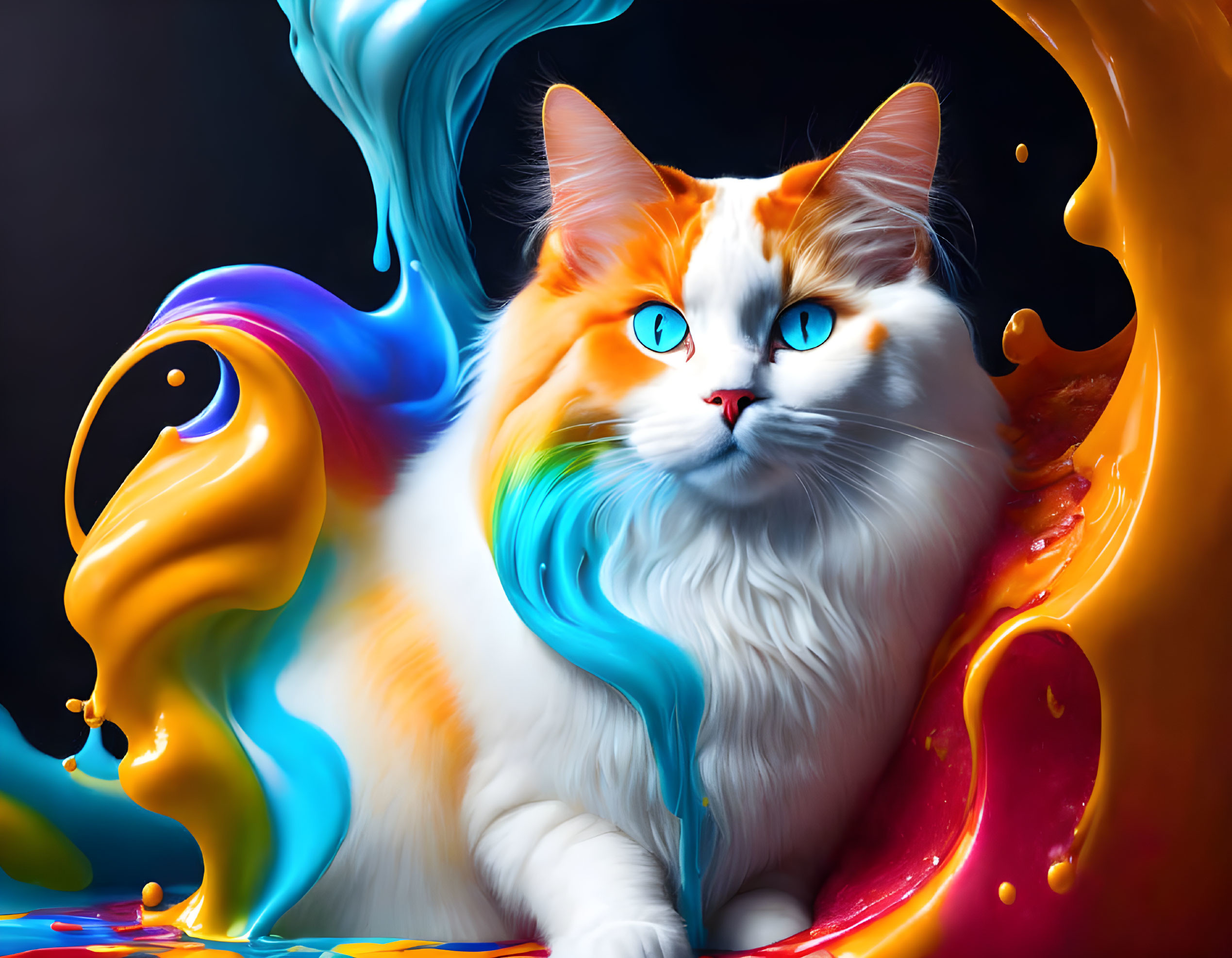 Digitally manipulated image of white fluffy cat with intense blue eyes in vibrant colors