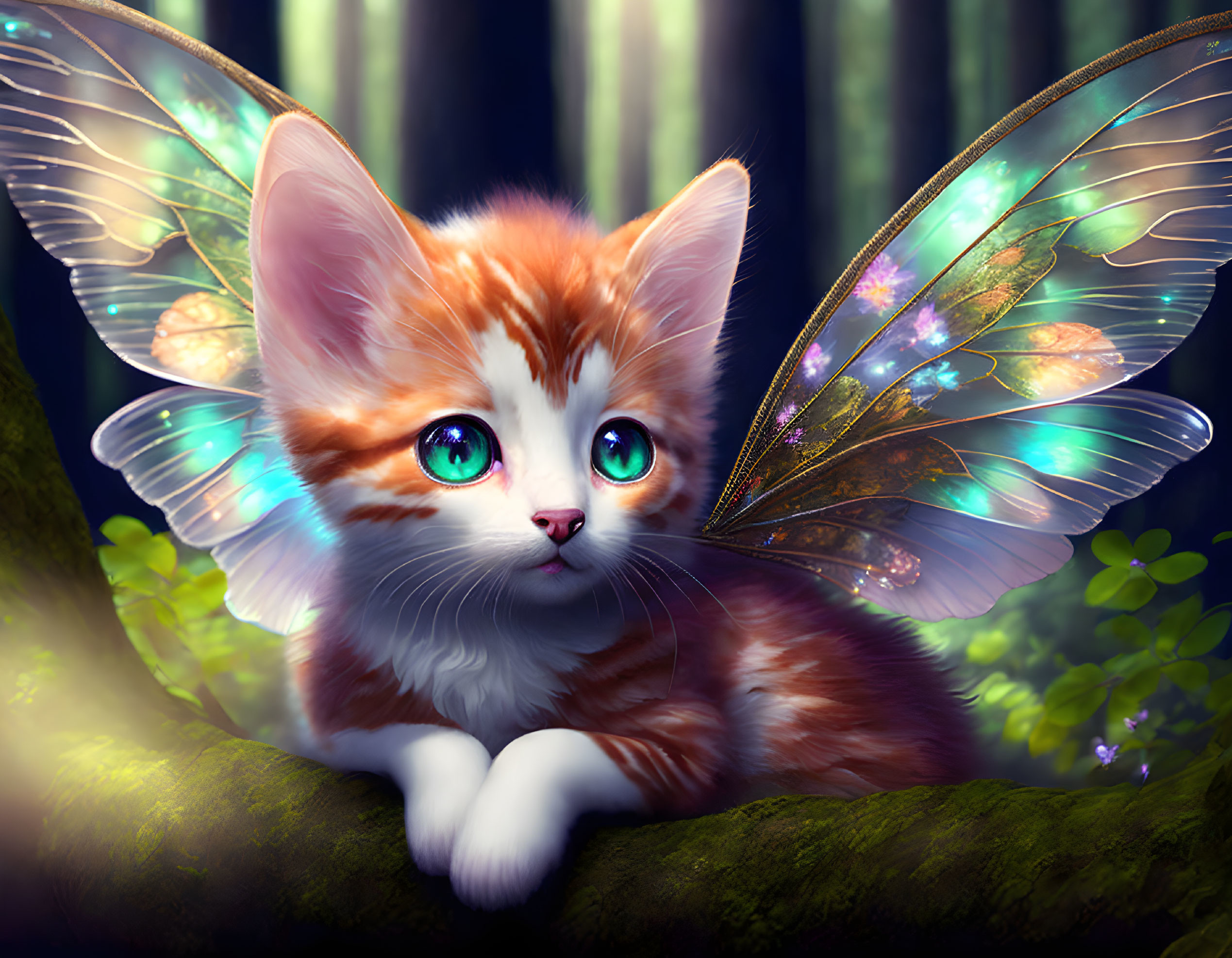 Adorable kitten with butterfly wings on tree branch in mystical forest