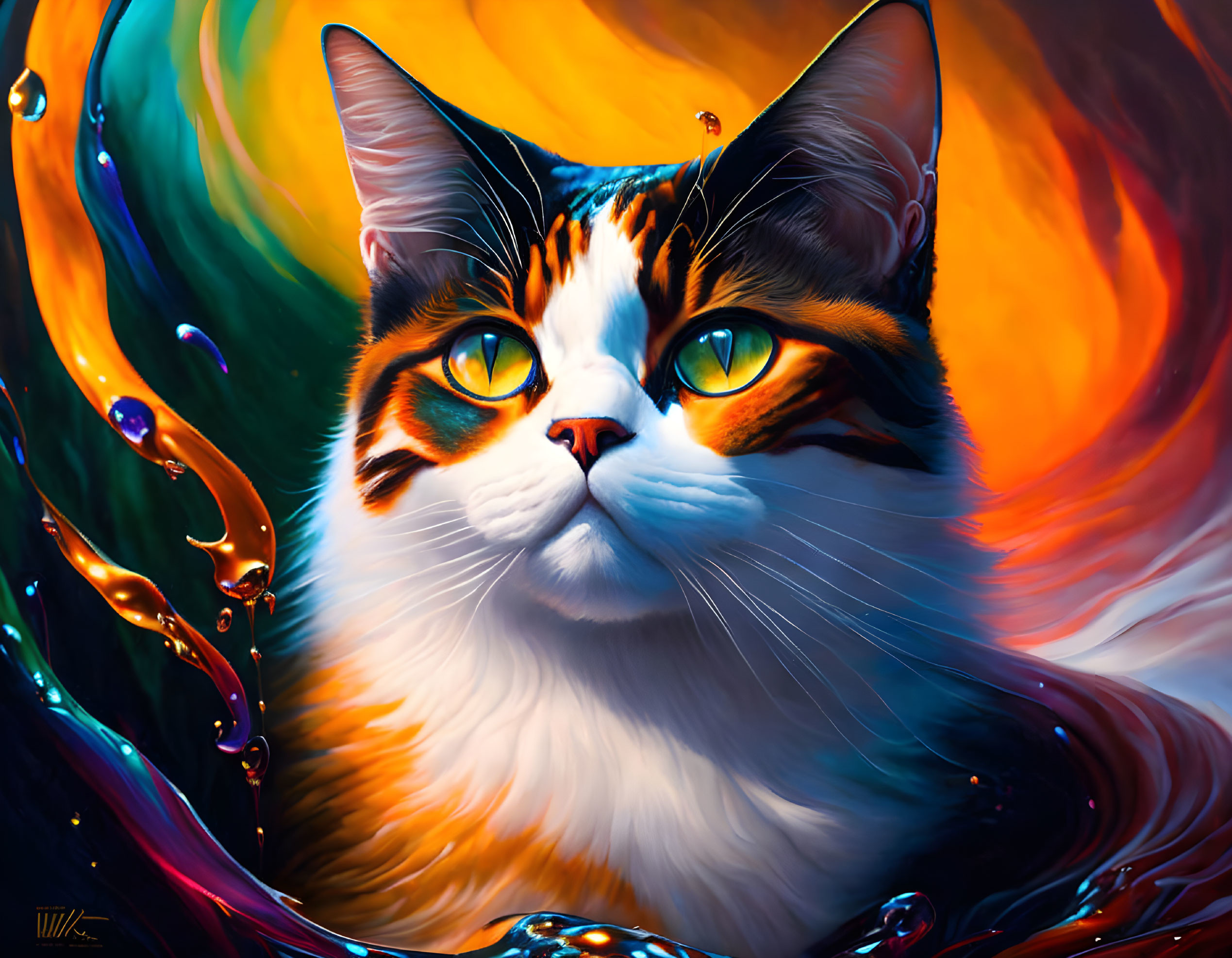 Colorful Digital Painting: Calico Cat with Yellow Eyes & Swirling Patterns