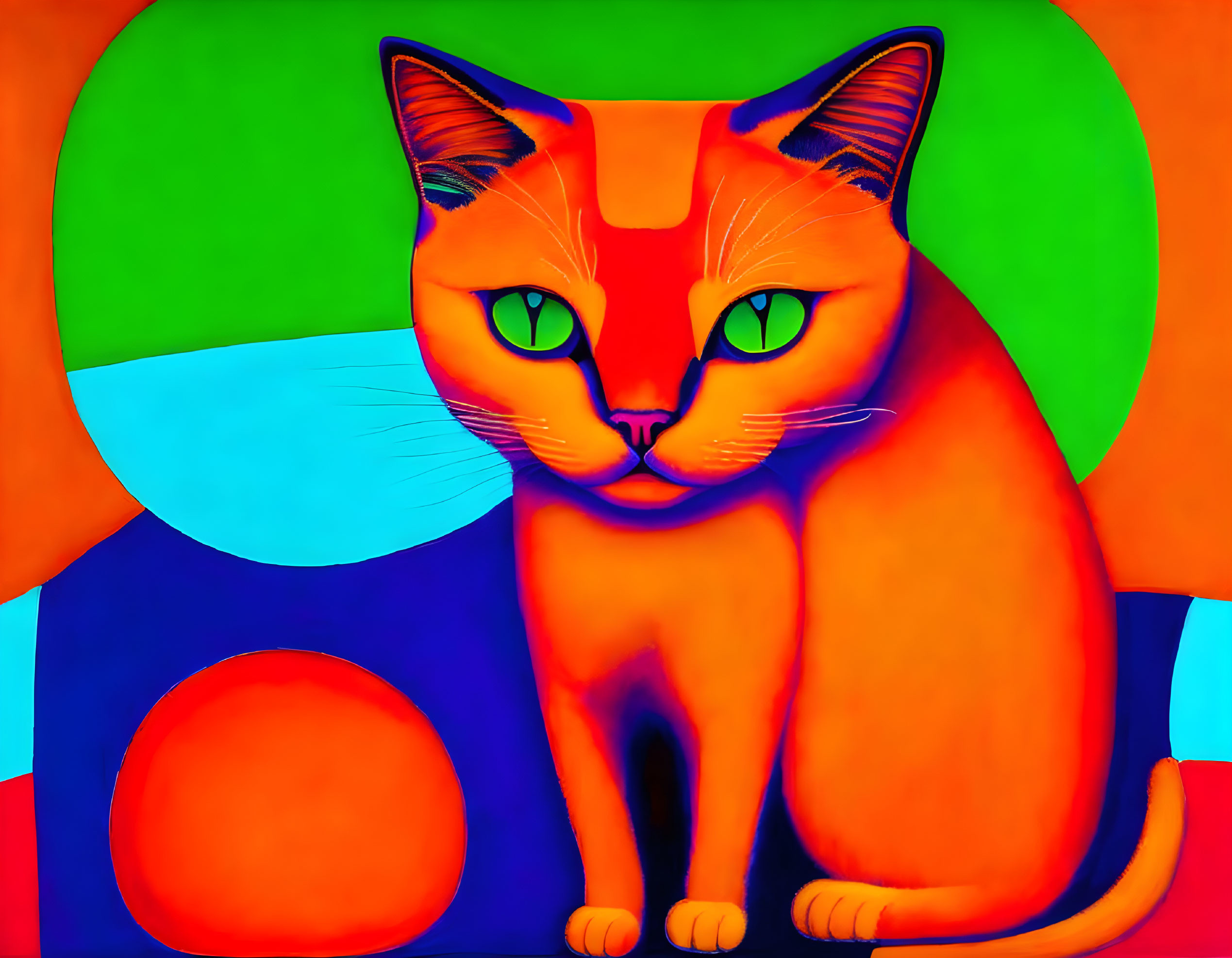 Colorful Digital Illustration: Orange Cat with Green Eyes and Geometric Shapes