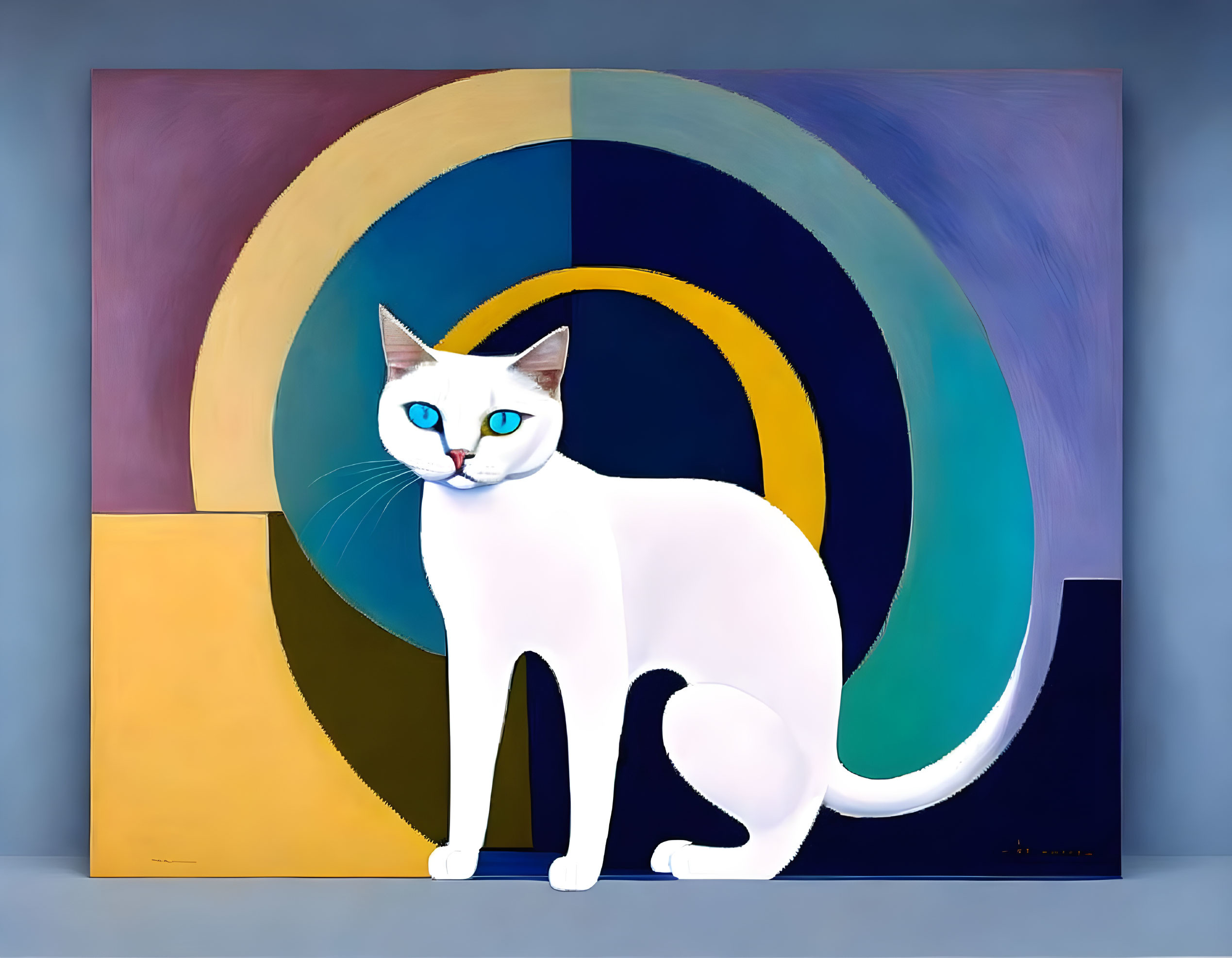 Stylized white cat with blue eyes on multicolored geometric backdrop