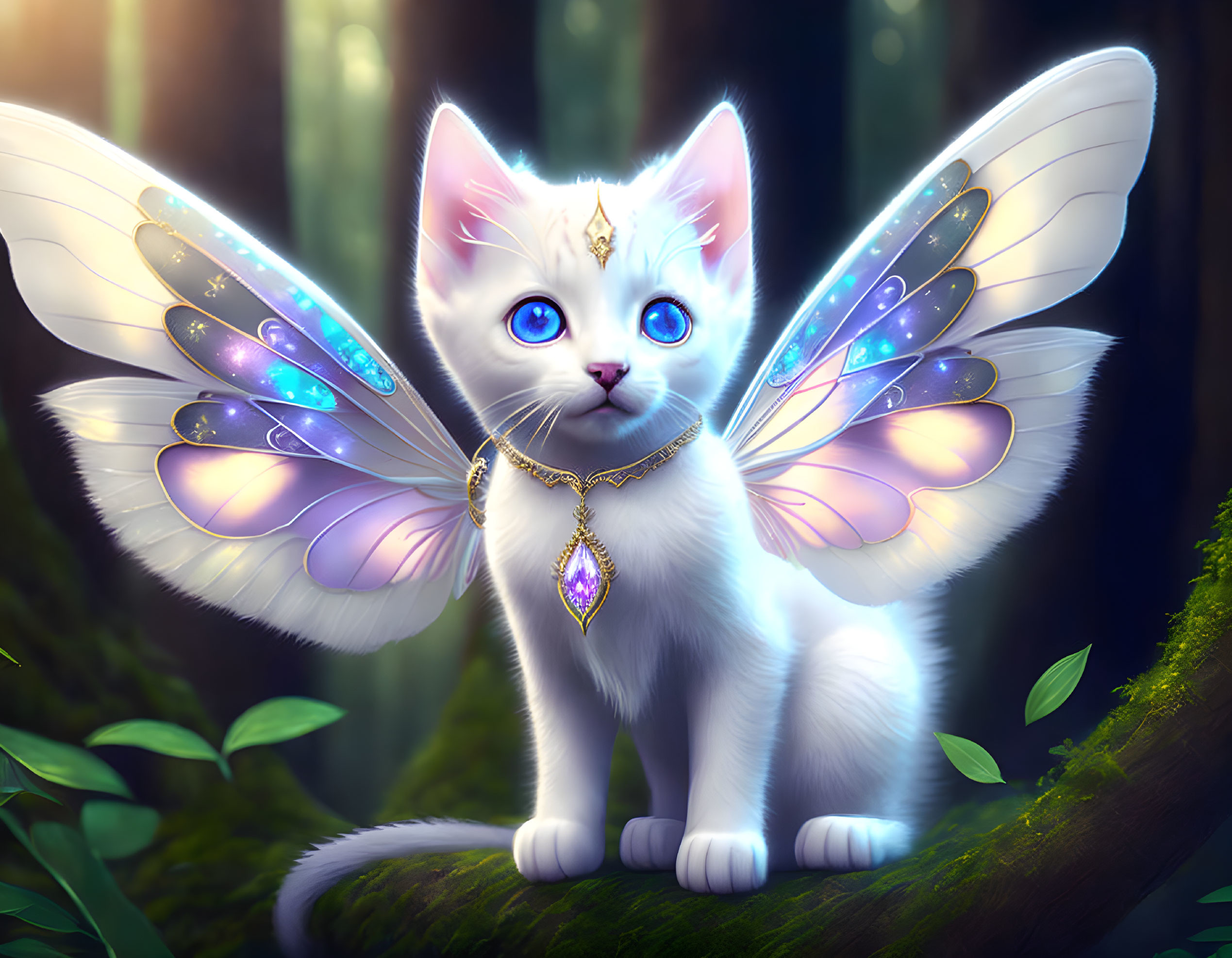 White kitten with butterfly wings, necklace, gem in enchanted forest