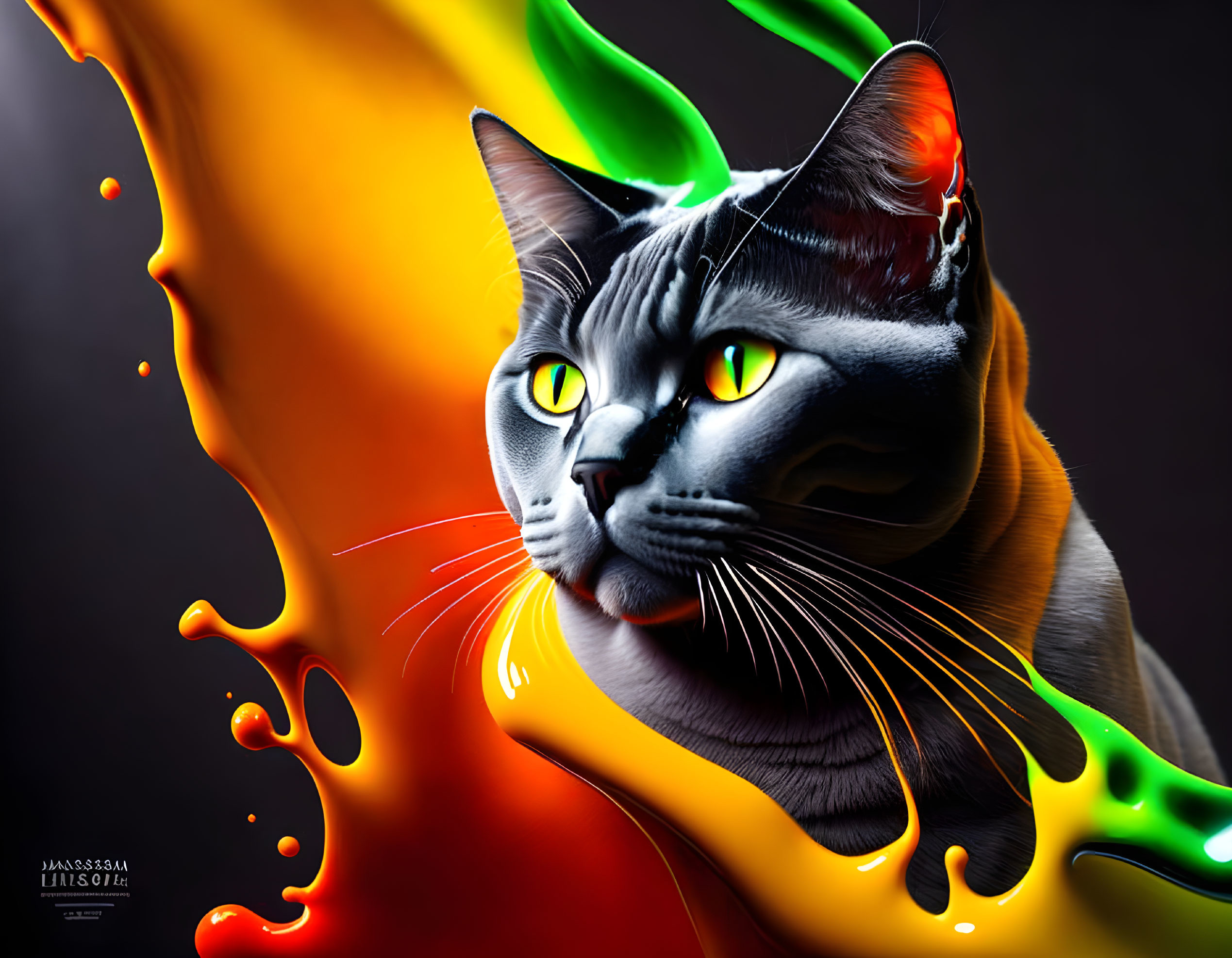 Colorful digital artwork: Cat with flowing liquid colors and intense green eyes