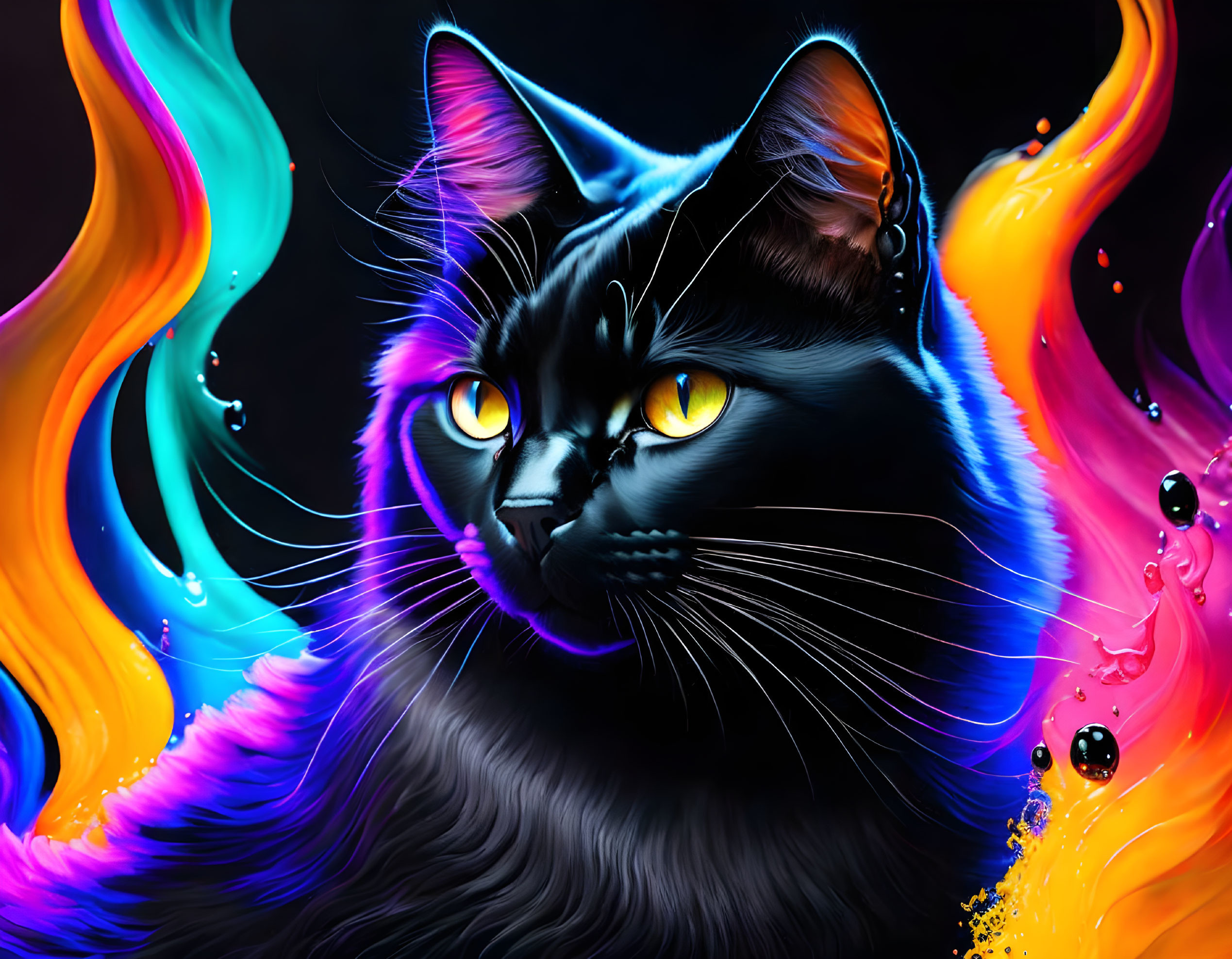 Colorful digital artwork: Black cat with yellow eyes in rainbow environment