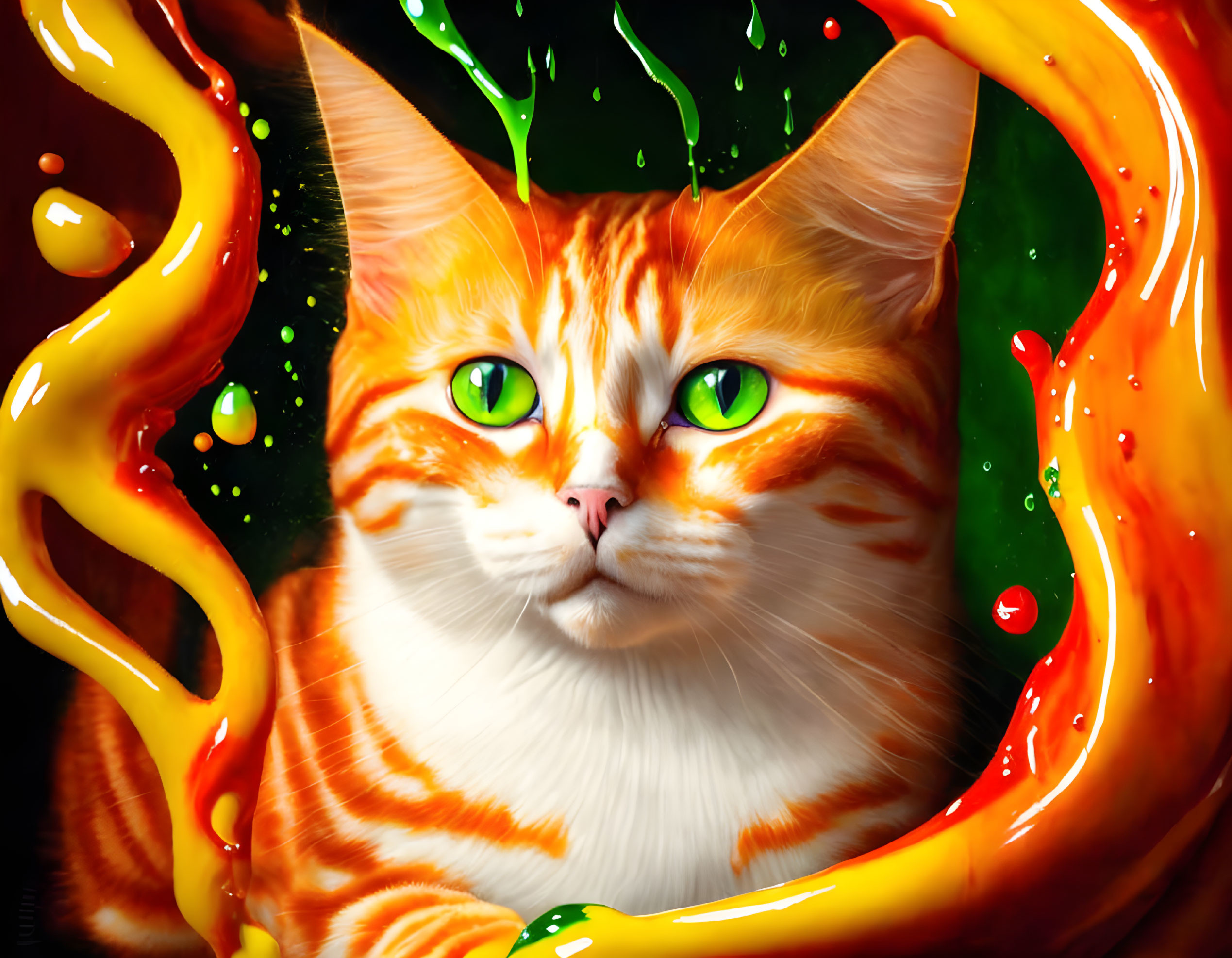 Orange and White Cat with Green Eyes Surrounded by Swirling Colors