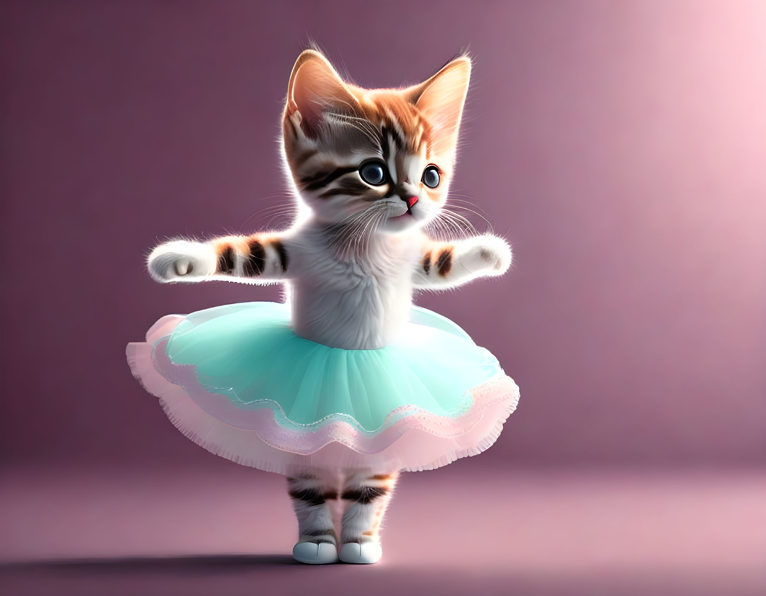 Anthropomorphic kitten in blue tutu poised for ballet dance