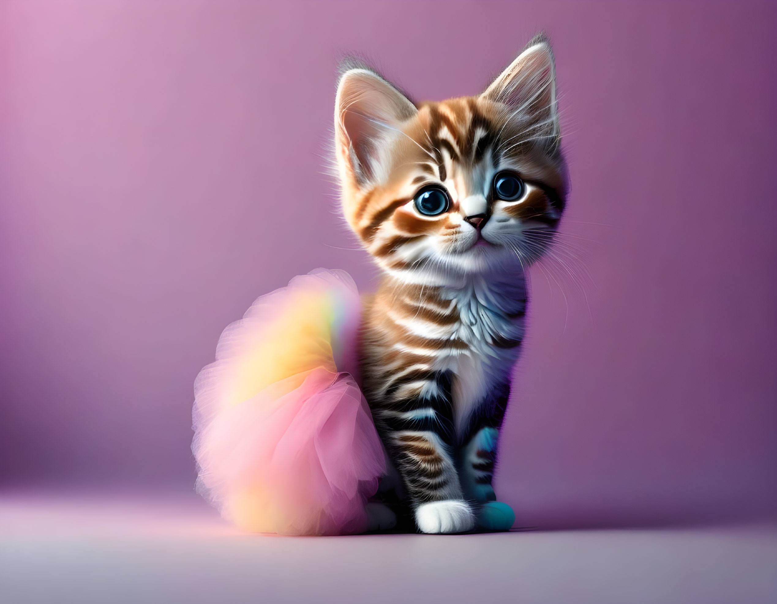 Adorable brown and white striped kitten digital artwork with blue eyes and fluffy tail accessory on soft purple background