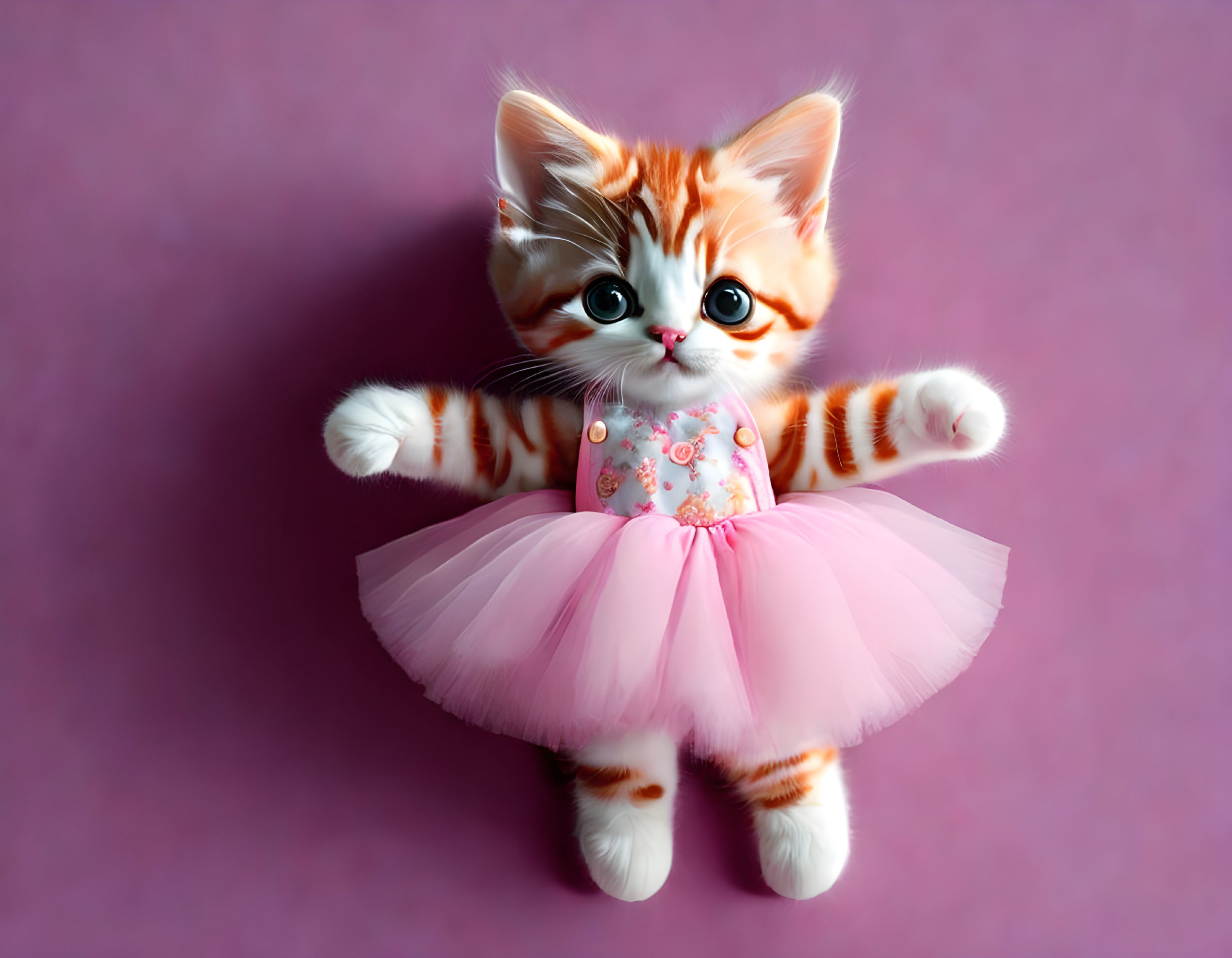 Orange and White Kitten in Pink Tutu on Pink Background