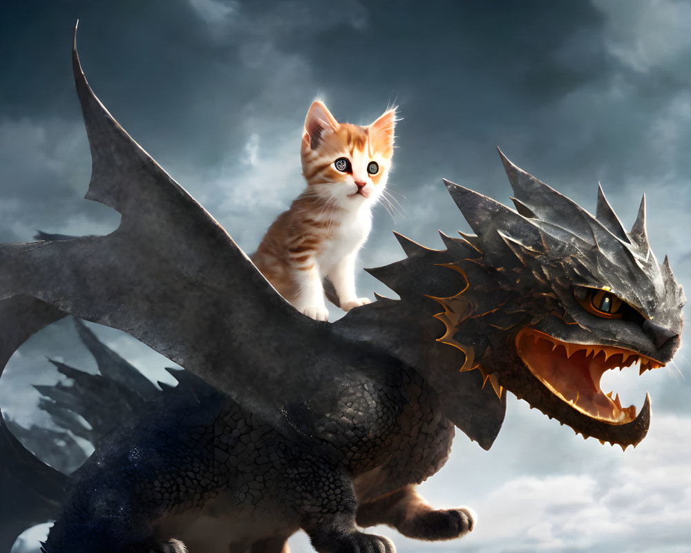 Orange and White Kitten on Dragon's Back under Dramatic Sky