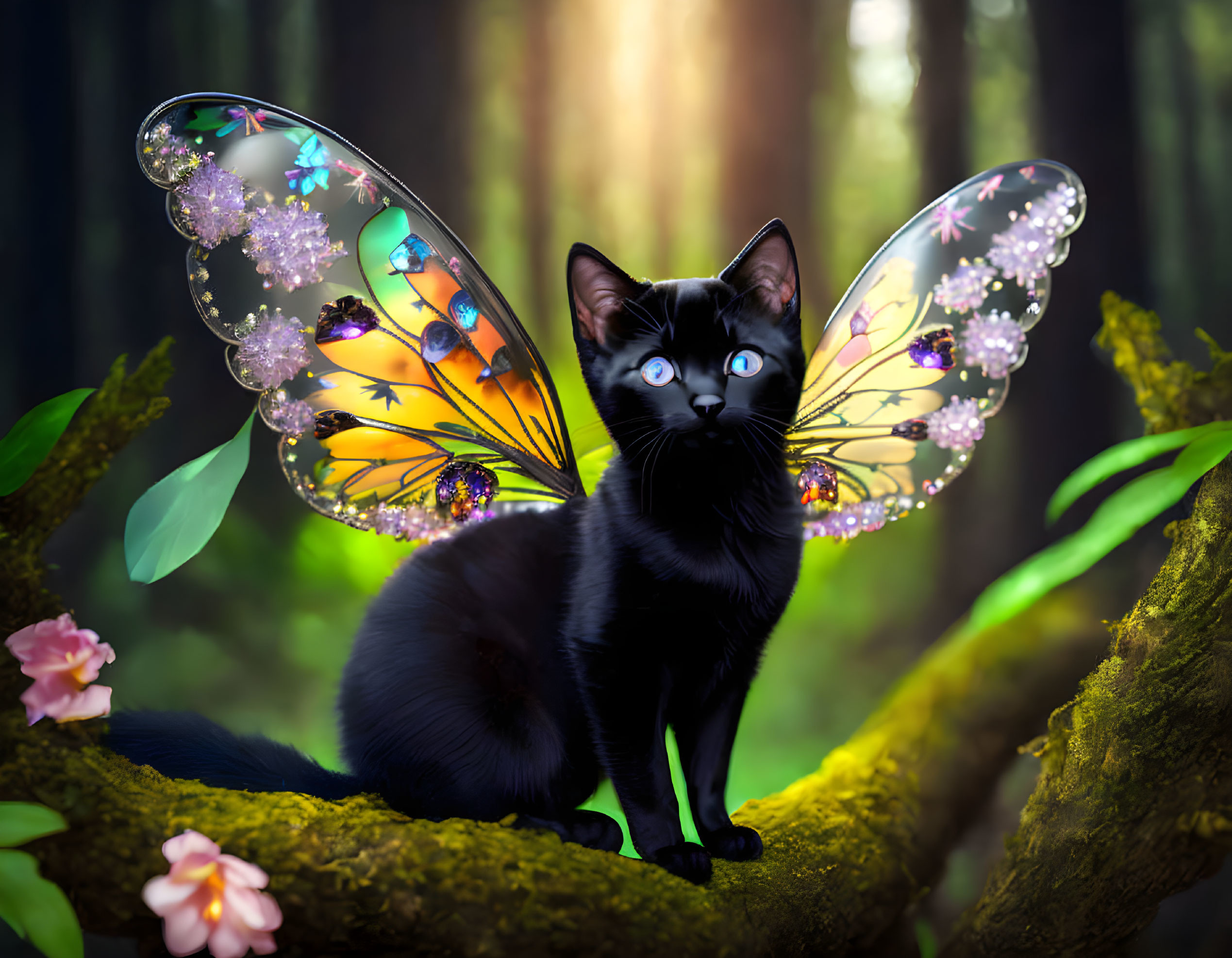 Black cat with blue eyes and butterfly wings in enchanted forest.