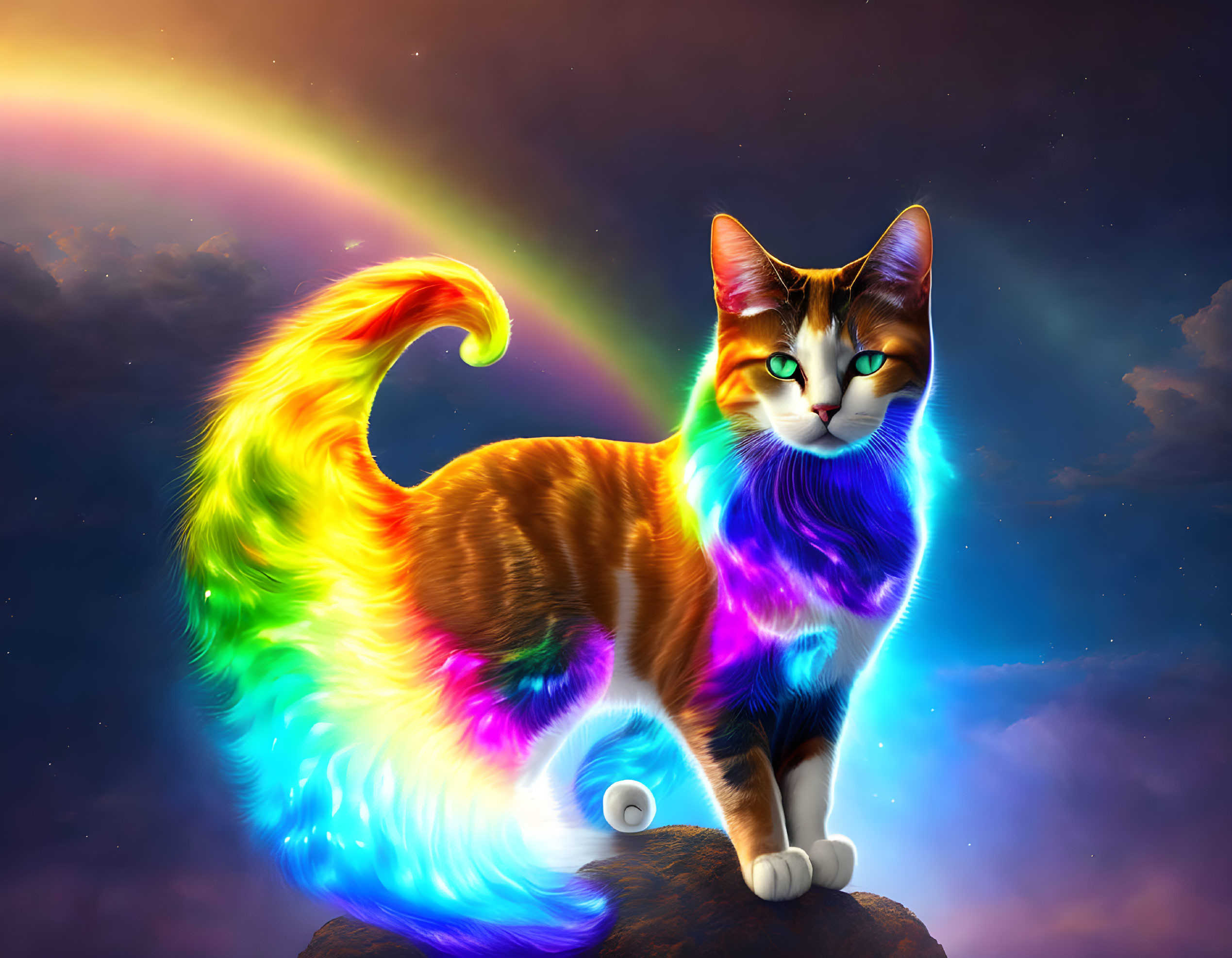 Vibrant Cat Illustration with Rainbow Tail in Cosmic Sky