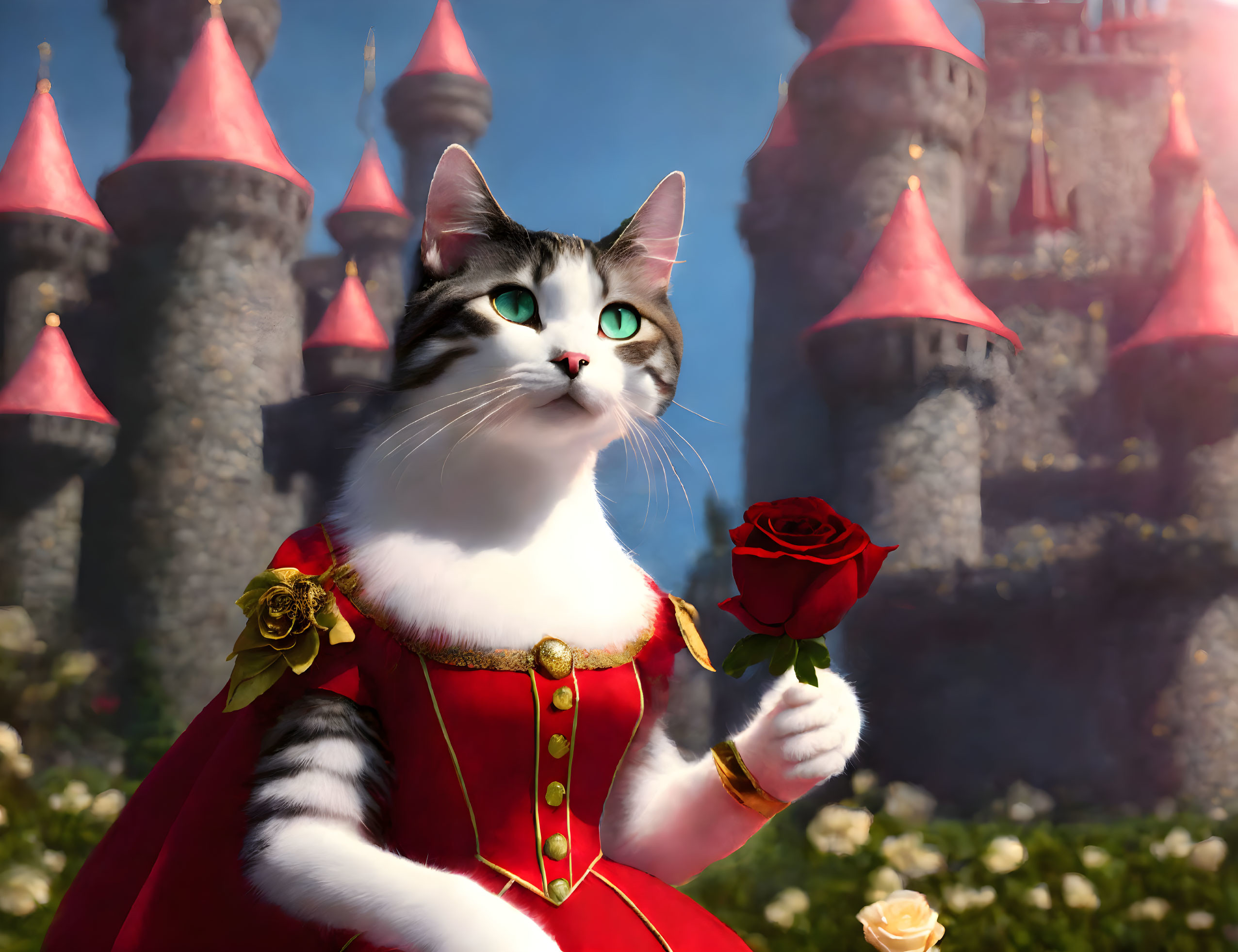 Regal cat with green eyes holding a red rose in front of fairytale castle