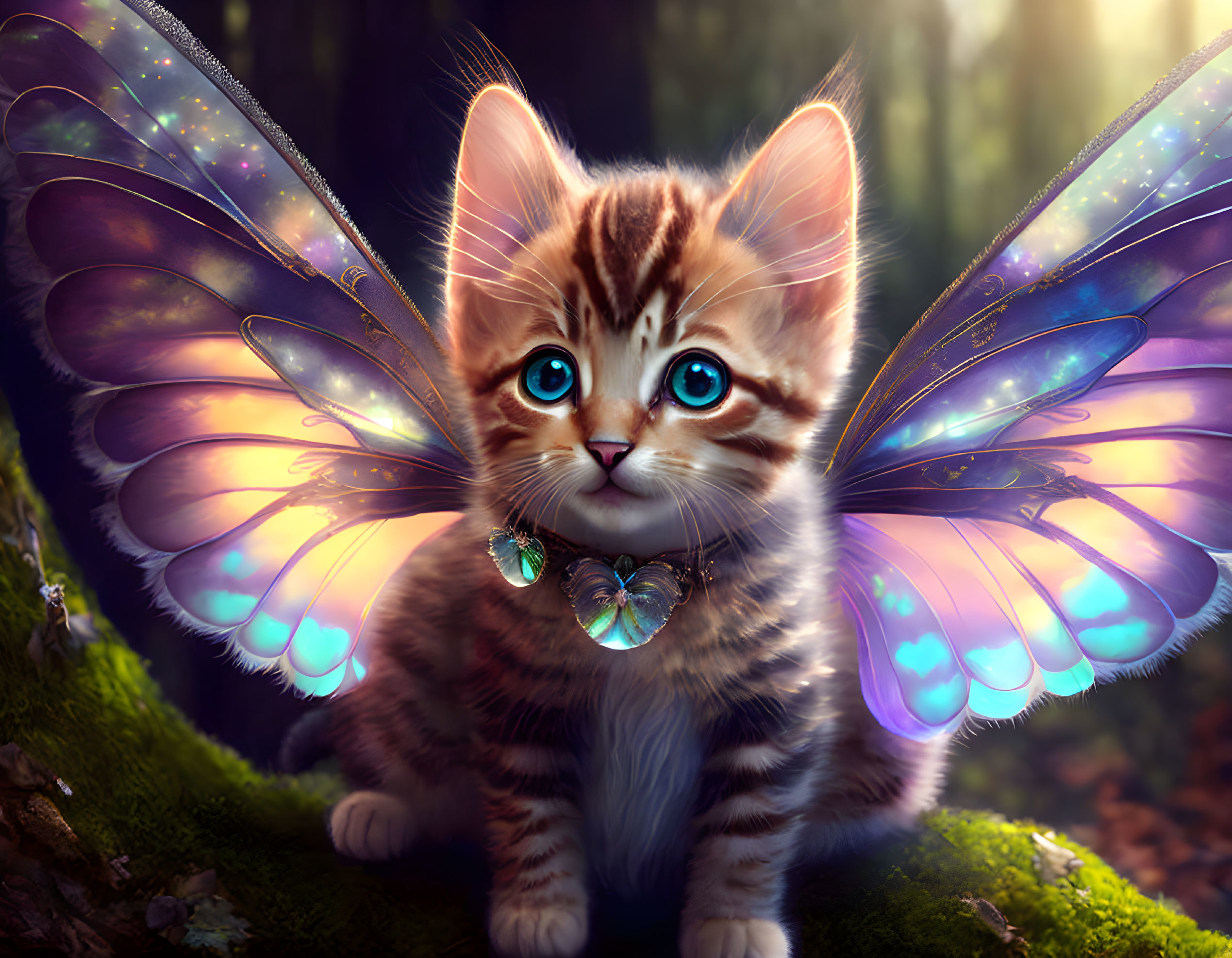 Illustration of a kitten with butterfly wings in enchanted forest.