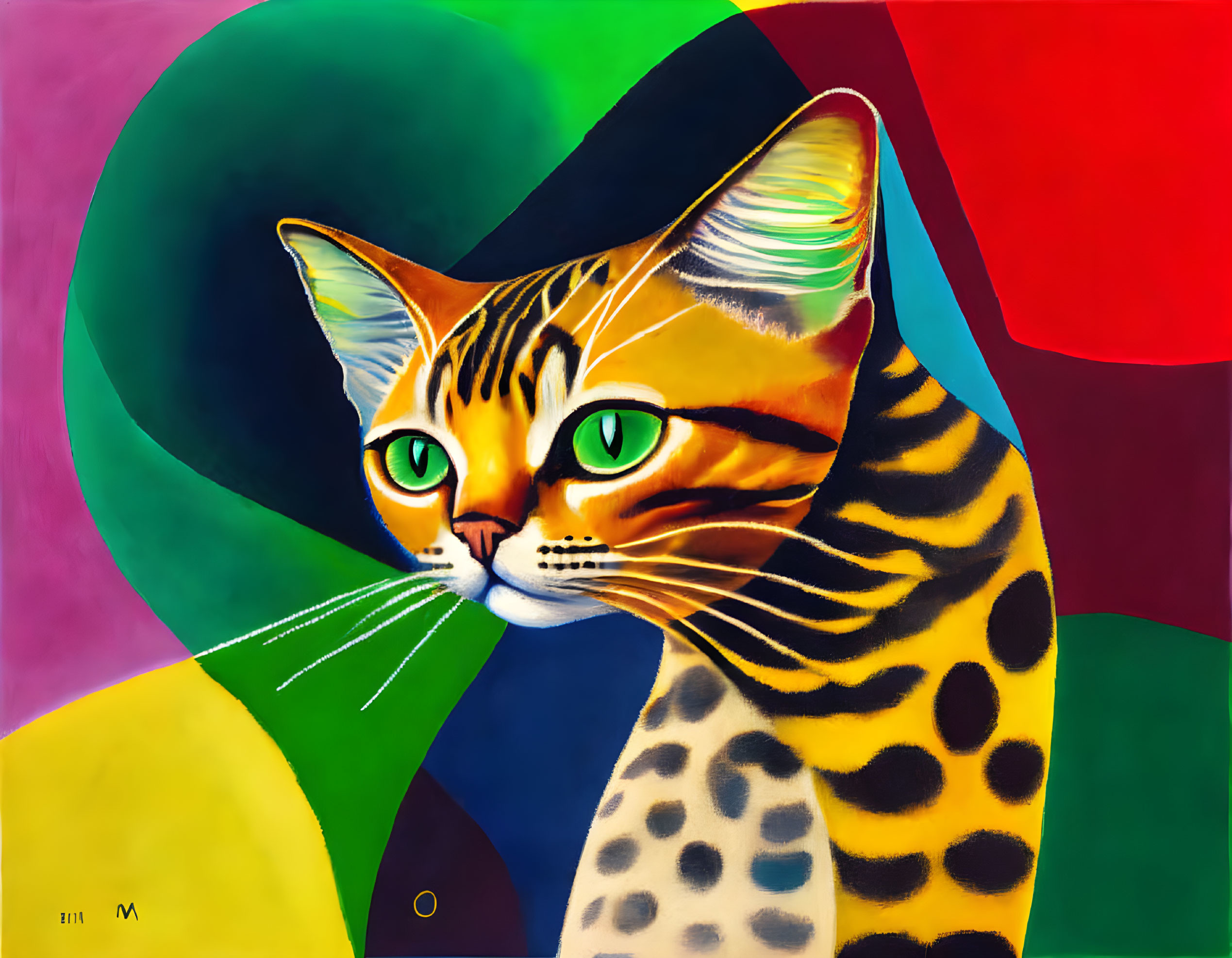 Colorful Cat Painting with Green Eyes and Abstract Background