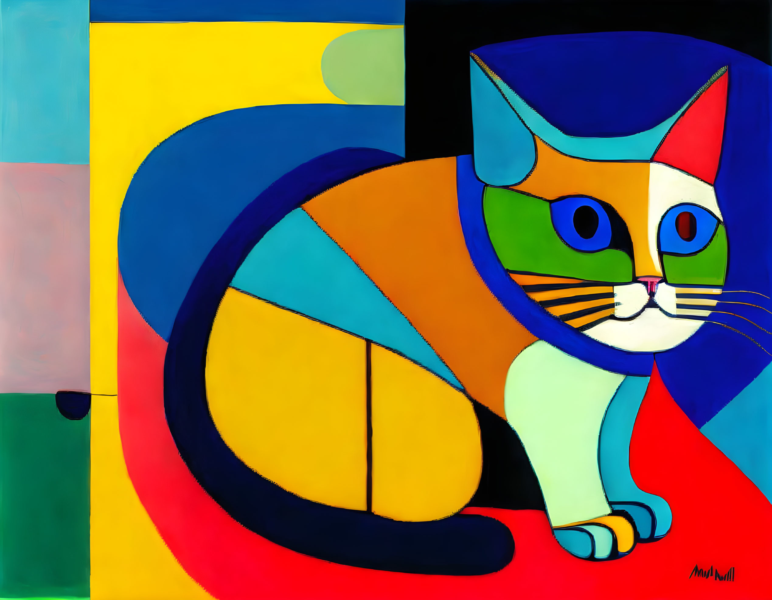 Vibrant Abstract Cat Painting with Geometric Shapes