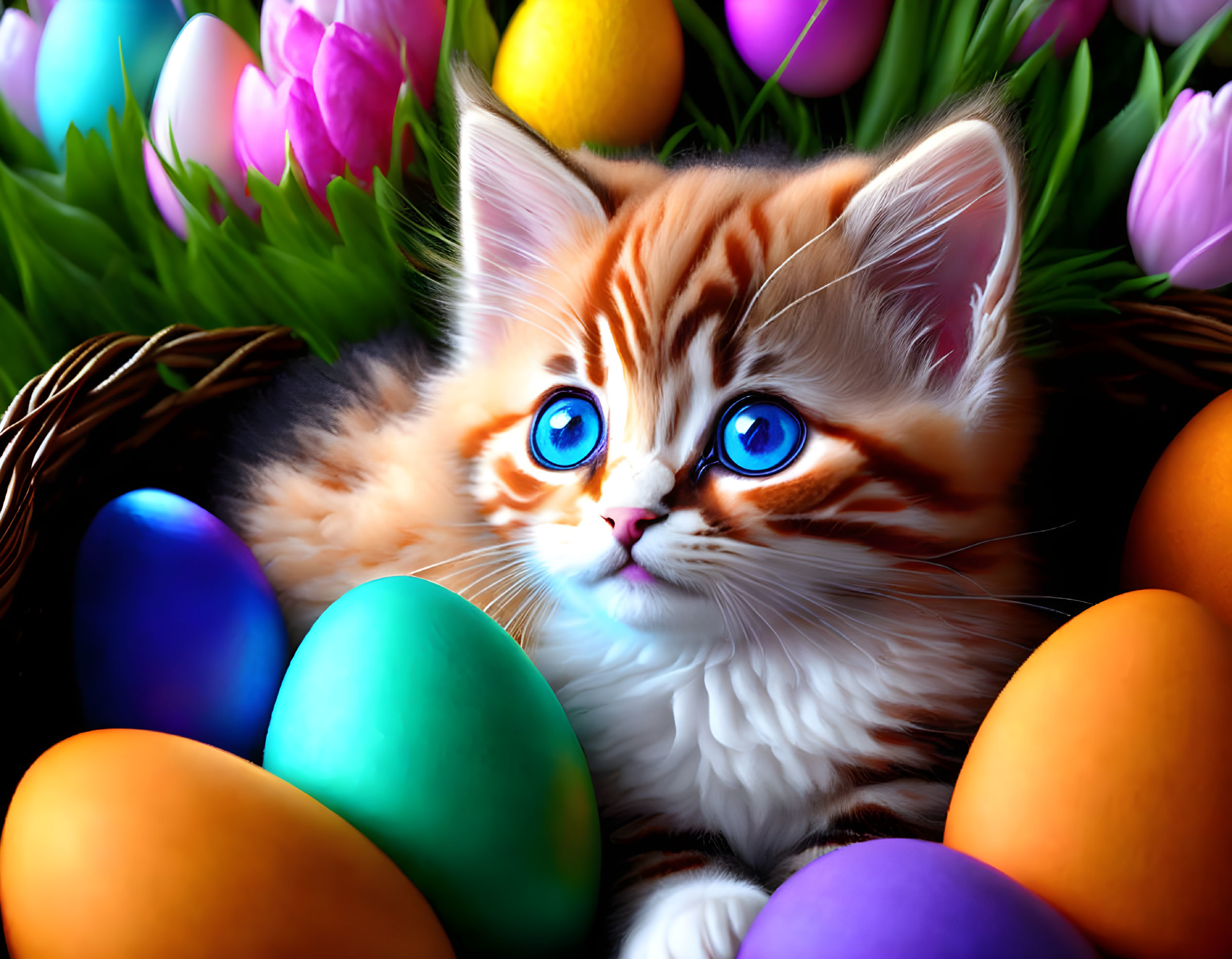 Adorable kitten with blue eyes among Easter eggs and tulips