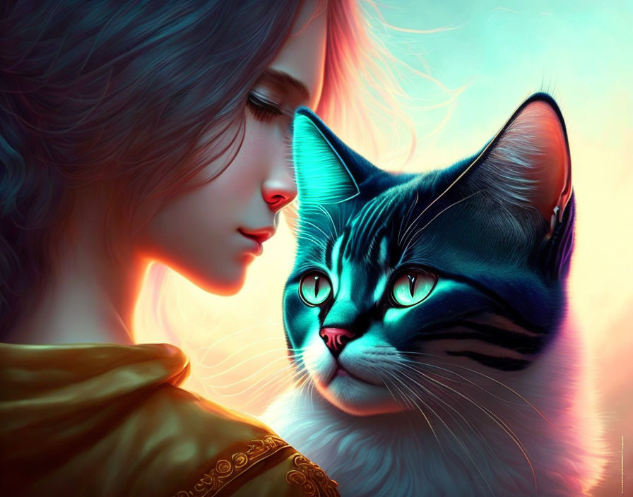 Digital Artwork: Woman with Long Hair and Green-Eyed Cat on Colorful Background