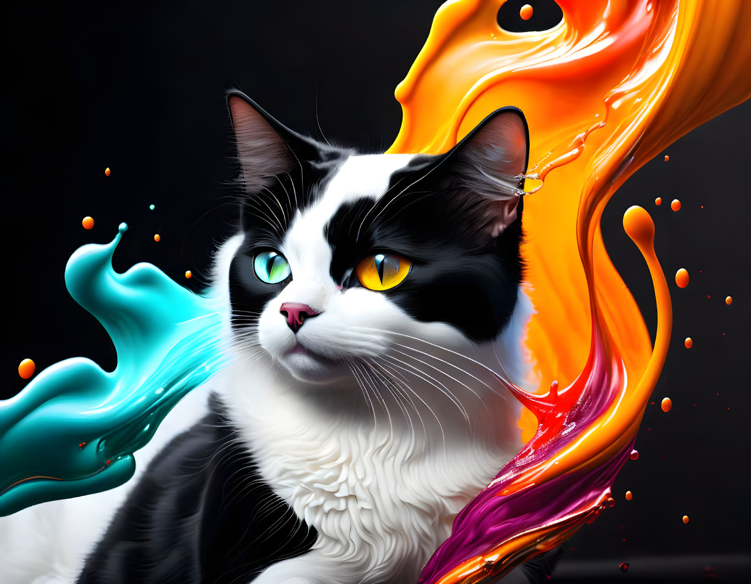 Black and white cat with yellow eyes on vibrant liquid art background