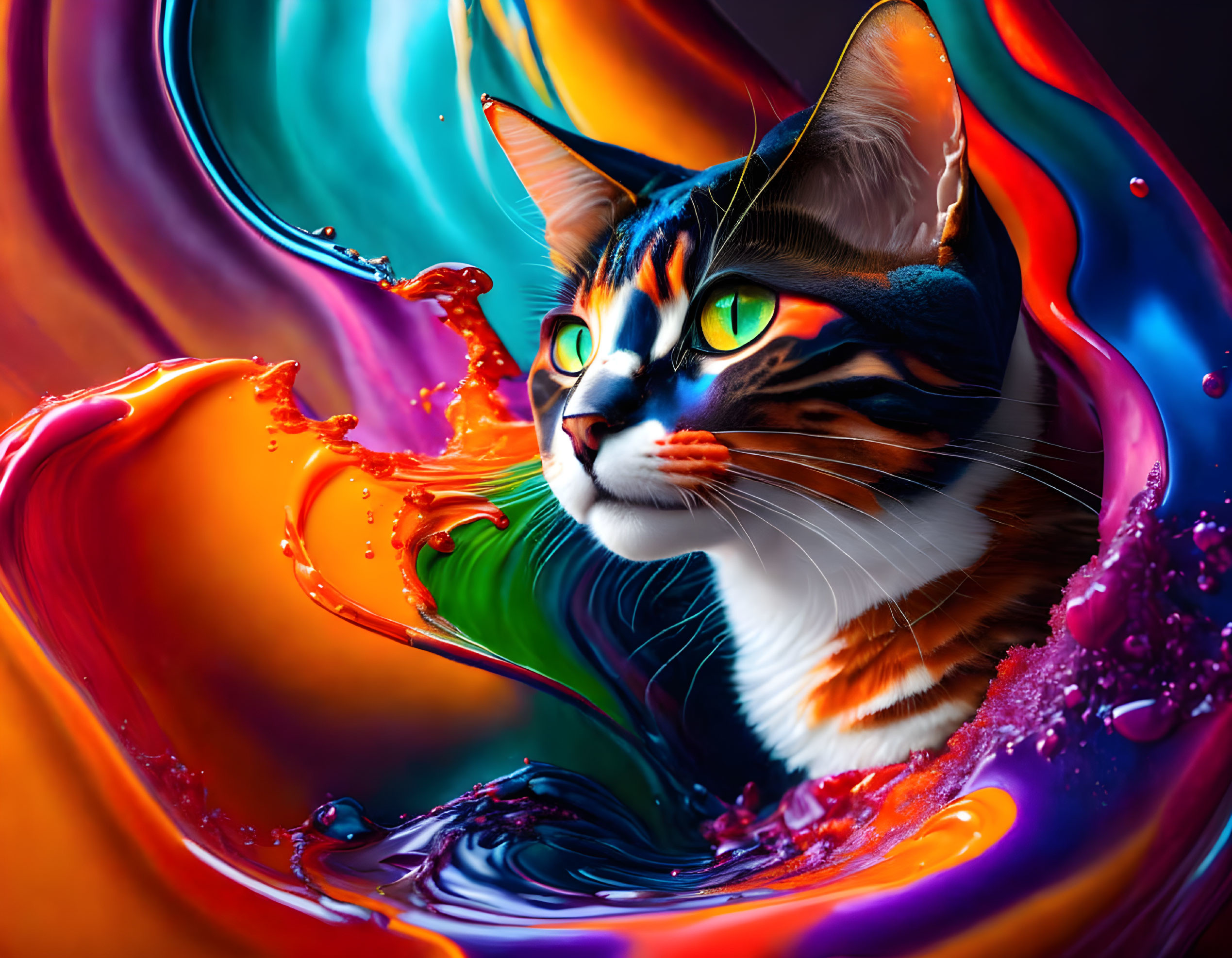 Colorful Digital Artwork Featuring Cat with Swirling Patterns