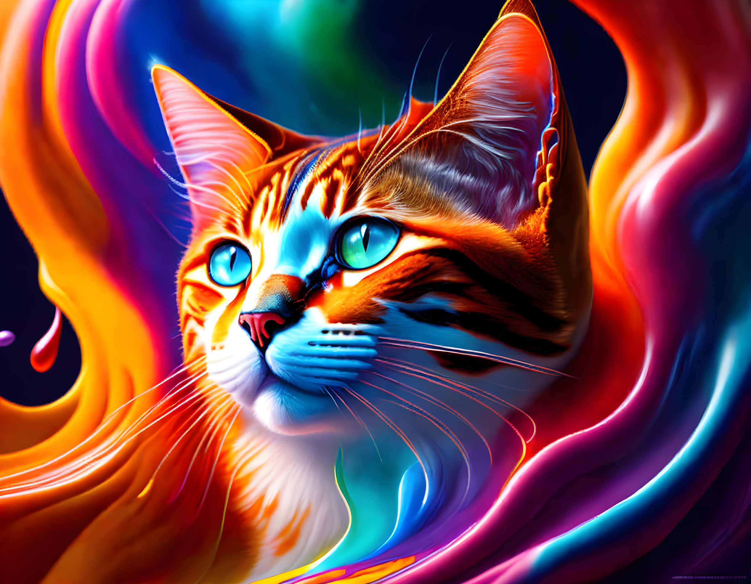 Colorful Cat Illustration with Blue Eyes and Abstract Swirls