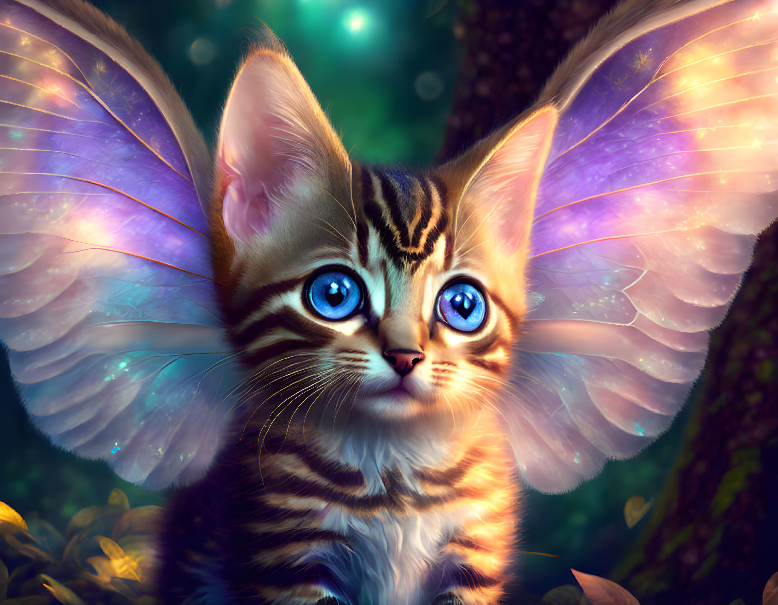 Whimsical kitten with blue eyes and butterfly wings in magical forest